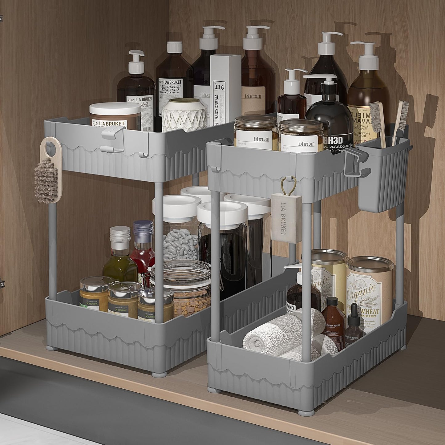 Sevenblue 2 Pack Under Sink Organizer, Under Bathroom Cabinet Organizer with Hooks Hanging Cup, Multi-Purpose Storage Shelf for Kitchen Bathroom (Gray, 12.8 Inch)