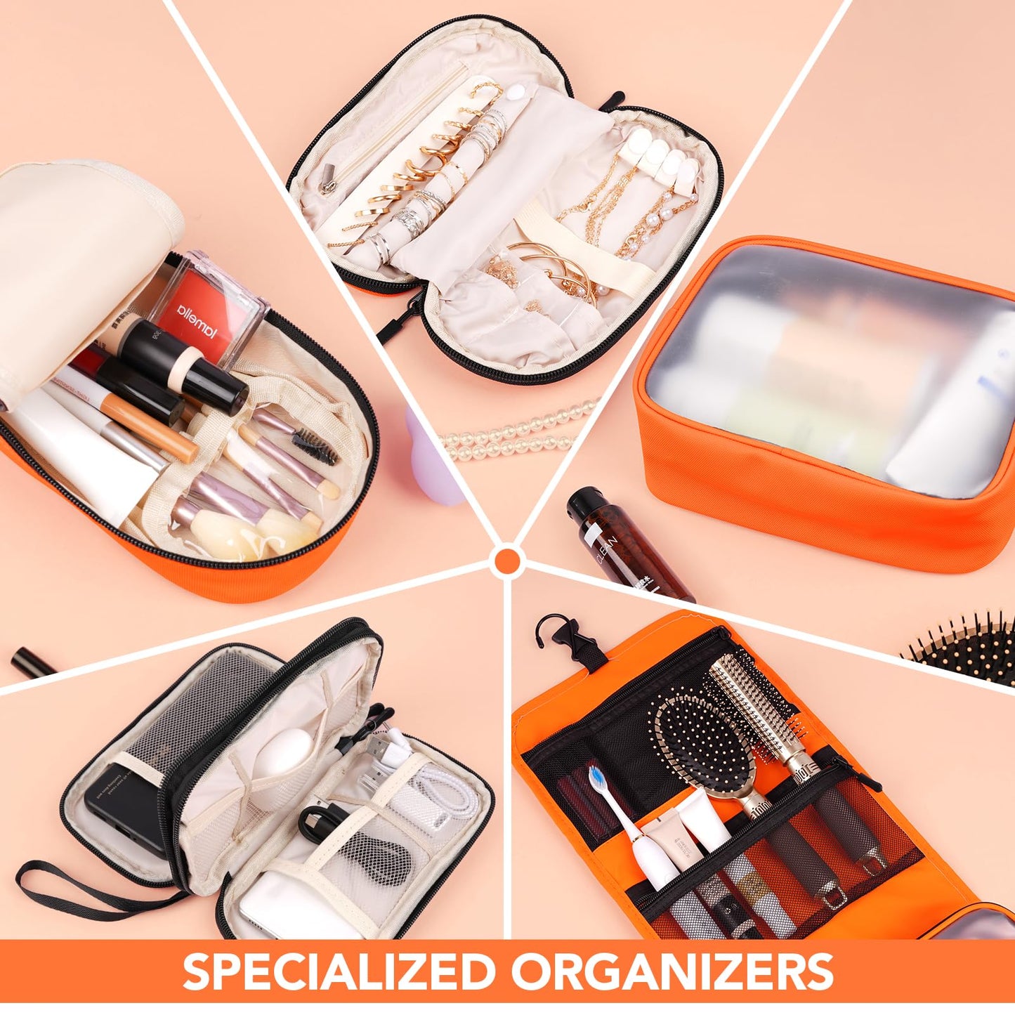 Idcymoul Travel Toiletry Bag Set for Women, Compact Size 5-Piece Hanging Organizer Kit with TSA Approved Cosmetic Bag, Jewelry Case & Cable Pouch, Waterproof Makeup Bag for Travel Essentials - Orange
