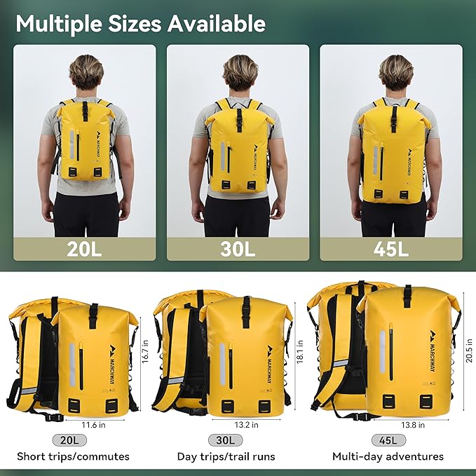 MARCHWAY Roll Top Waterproof Backpack, Floating Dry Bag 20L/30L/45L with Ergonomic Rectangular Base, Cushioned Back, Hip Strap for Hiking Camping Kayaking Travel (Yellow, 30L)
