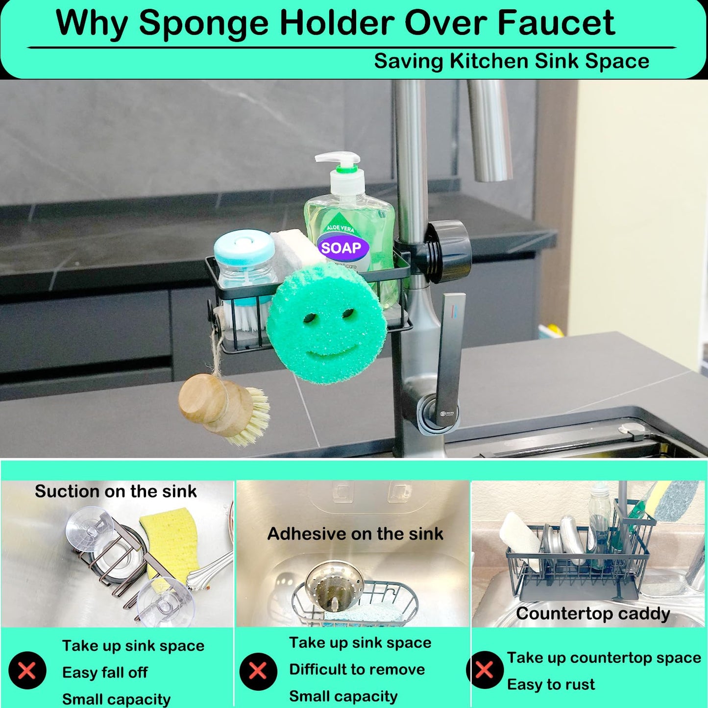 Seltomer Sponge Holder for Kitchen Sink Smiley Face Sponge Holder Over Faucet - Stainless Steel Sink Caddy Organizer with Quick Stone Drying Mat (Black)