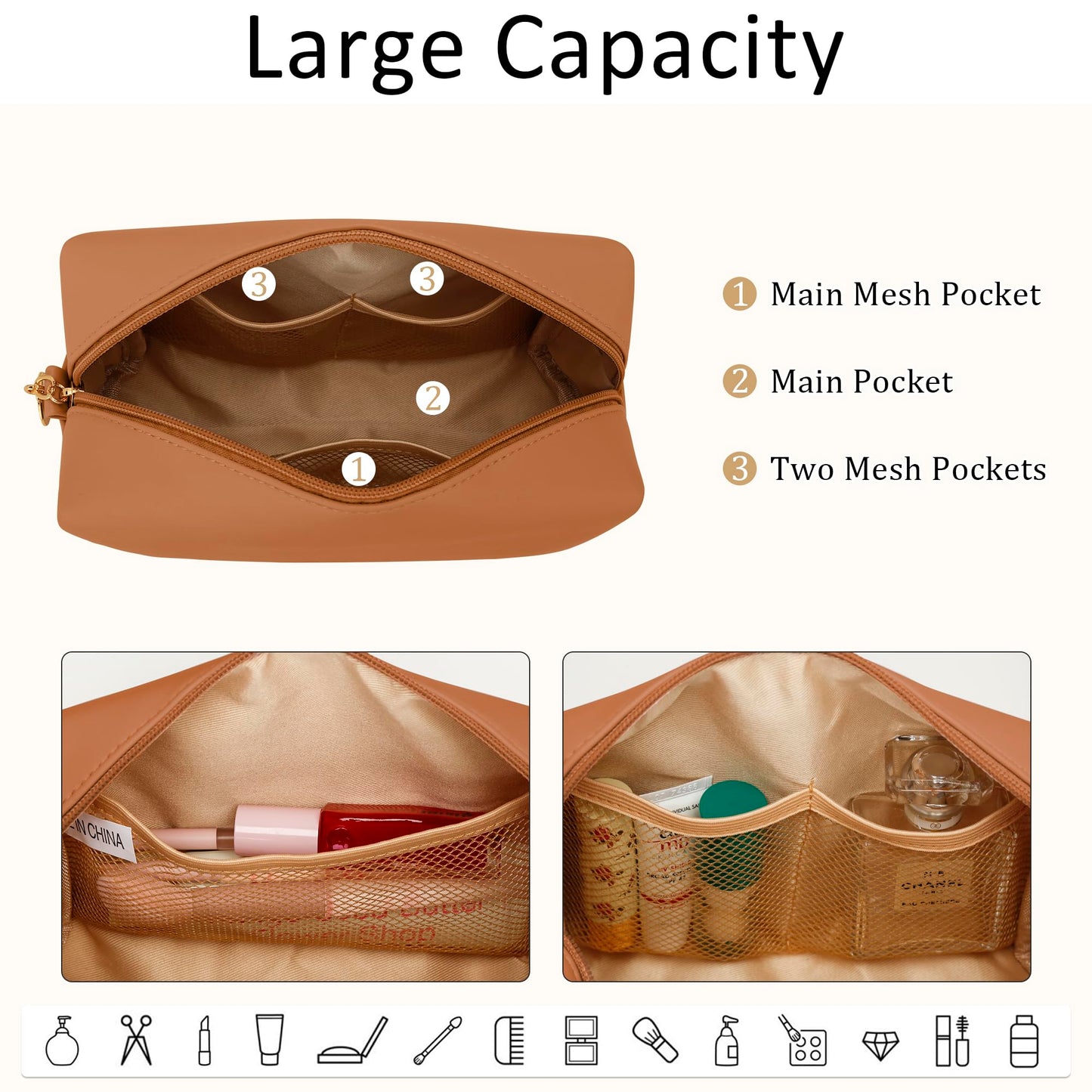 CLOUDWINGS Gifts for Women Bridesmaid Gifts Personalized Initial Makeup Bag PU Leather Cosmetic Waterproof Travel Toiletry Bag (Brown K)