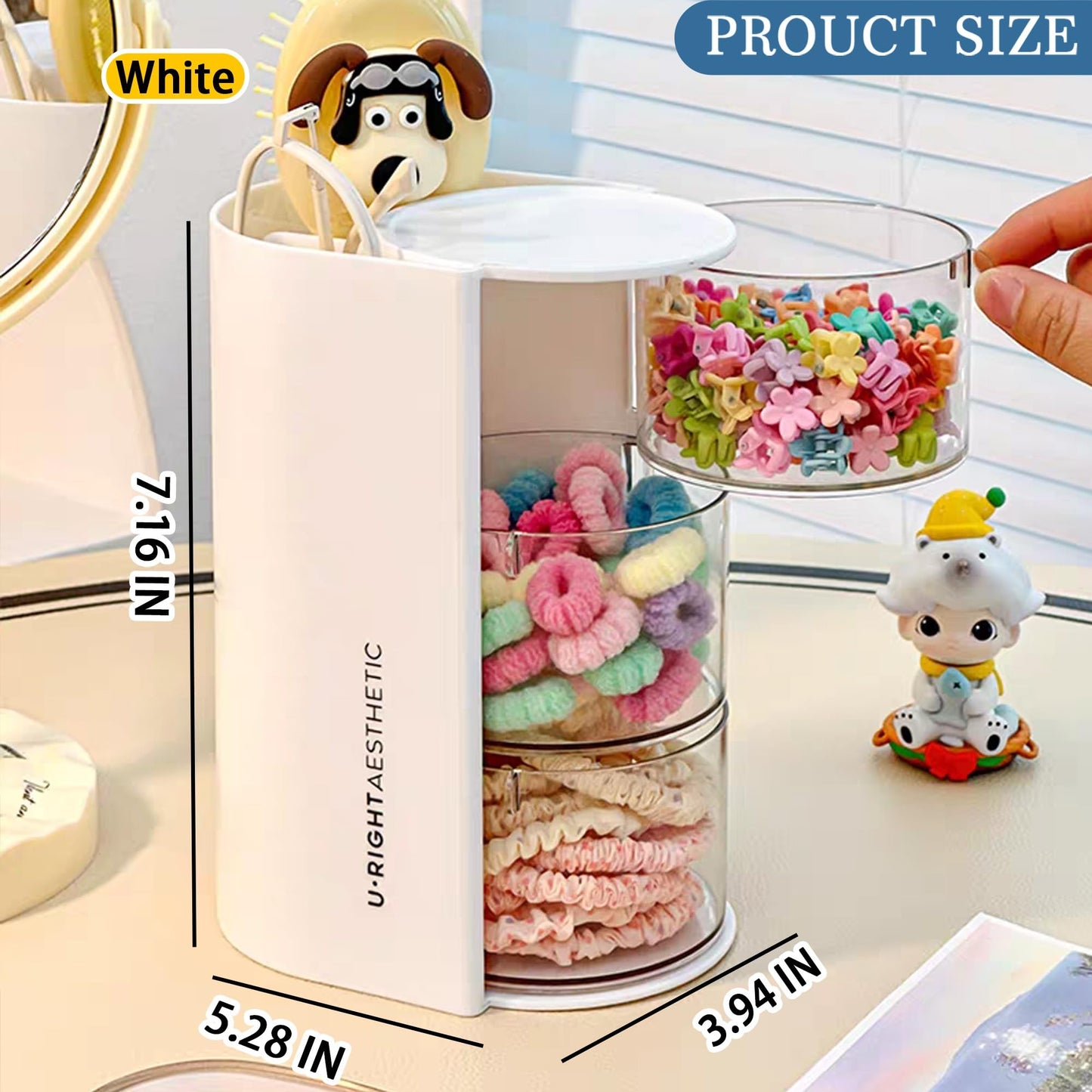 Azurphoric Hair Accessories Organizer with Hair Brush Holder, Rotatable Makeup Brush Holder for Necklaces, Earring, Bracelet, Ring, Makeup Brushes, Hair Clip and Hair Accessories (White, 3-Layer)