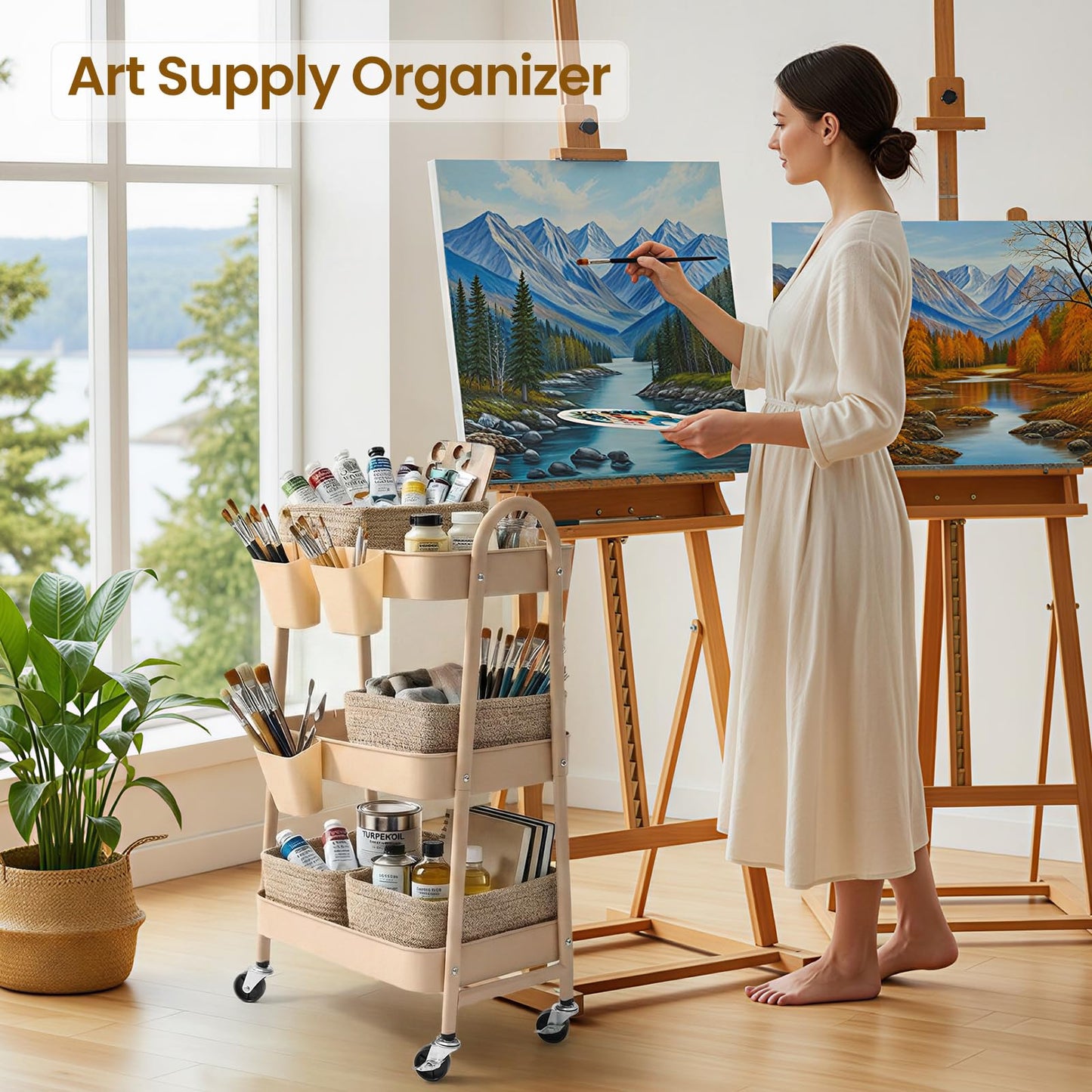 3-Tier Rolling Utility Cart with 4 Woven Baskets, Diaper Book Snack Cart, Storage Organizer for Nursery, Kitchen, Craft Room, Home SPA, Living Room, Metal Frame Trolley on Lockable Wheels, Brown