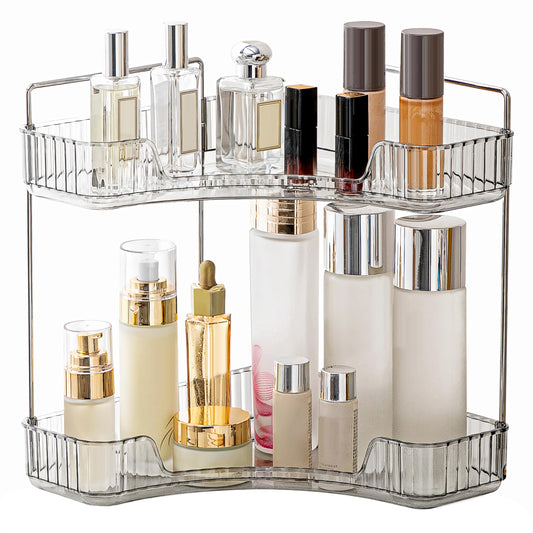 YCIA&DONE Corner Bathroom Counter Organizer, Makeup Organizer for Vanity, Skincare Cosmetic Perfume Tray, Corner Countertop Shelf Rack Storage for Bathroom Kitchen 2 Tiers (Smoky Gray)