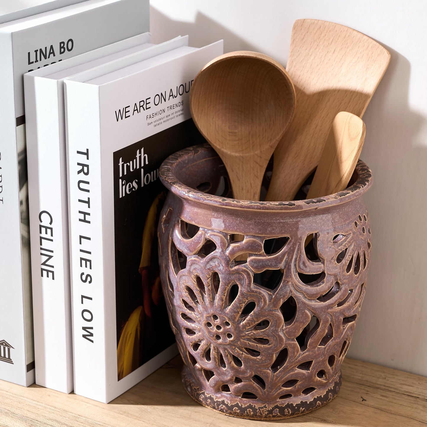 JH JIEMEI HOME Farmhouse Kitchen Utensil Holder for Kitchen Counter, Ceramic Large Cooking Utensil Crock with Cork Mat, Decorative Rustic Utensil Organizer for Countertop, Spatula, Antique Purple