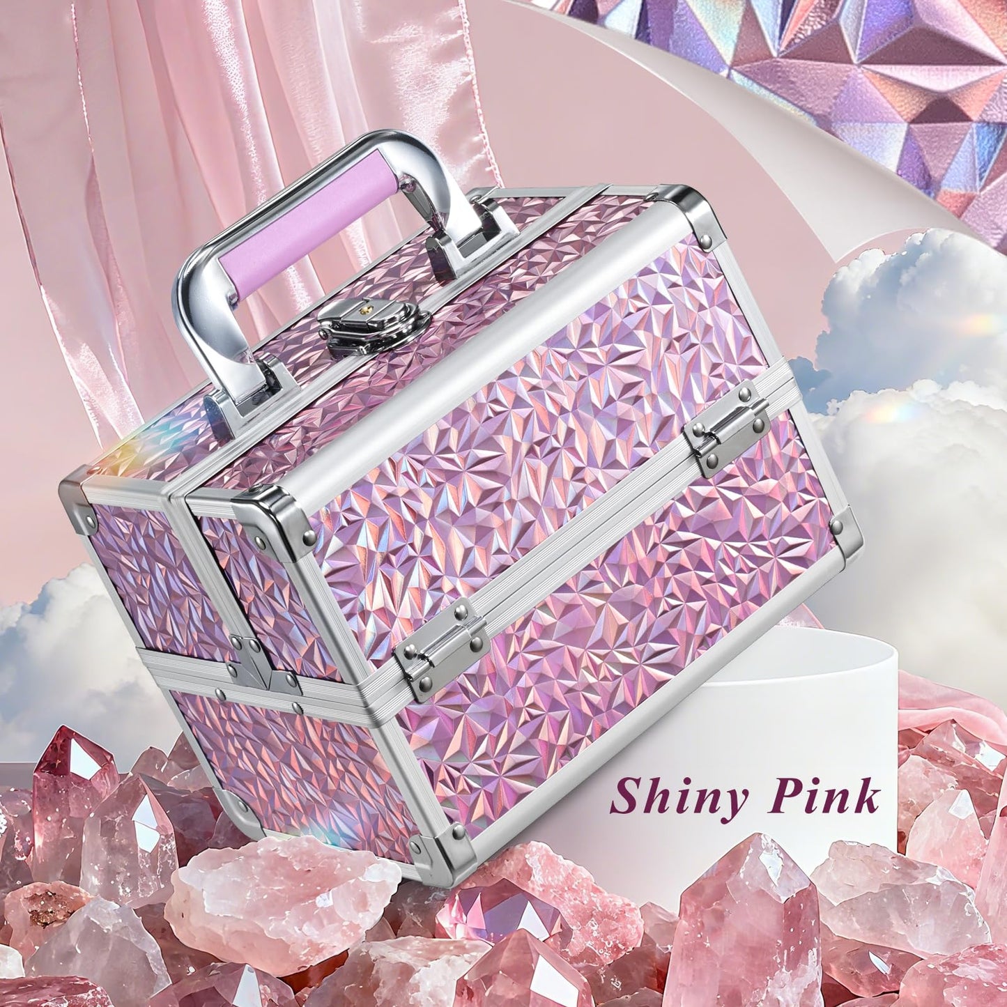 FRENESSA Makeup Case Organizer Cosmetic Box Storage Portable Makeup Train Case with Mirror 2 Trays Travel Vanity Box for Cosmetics Nail Kits Craft Tools Case Aluminum Hard Make Up Organizer Shiny Pink