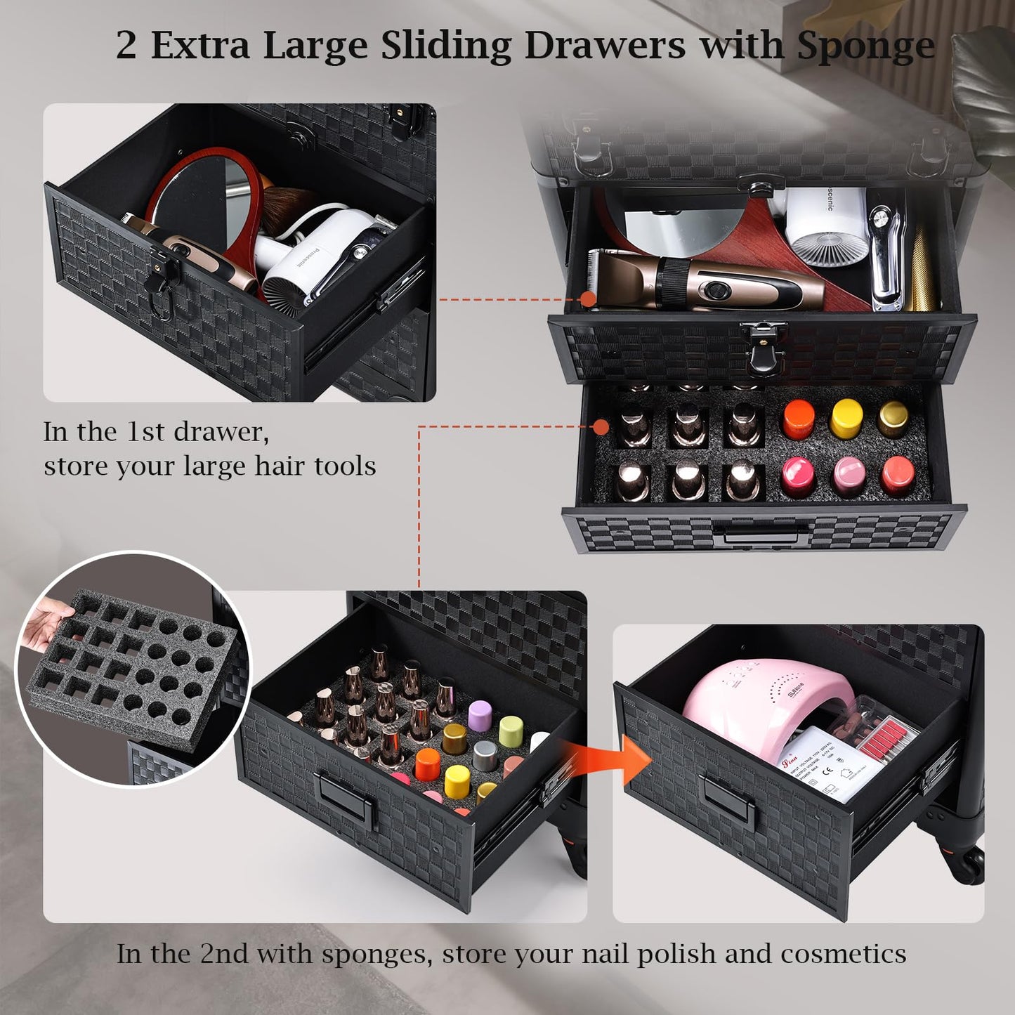 Stagiant Rolling Makeup Case with Drawers Cosmetology Case on Wheels 3 IN 1 Makeup Case 2 Drawers with Foot Stand Spring-release Mechanism Rolling Make Up Organizer for Artist Salon Nail Teach Trunk