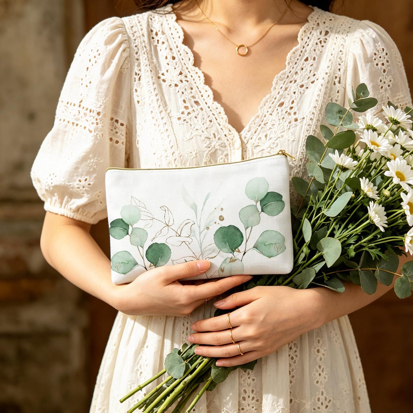 48 Pcs Eucalyptus Makeup Bags Bulk for Women Sage Green Leaves Cosmetic Bags Wedding Bridal Gifts Greenery Canvas Pouches with Zipper for Bridesmaid Baby Shower Anniversary Birthday Party Supplies