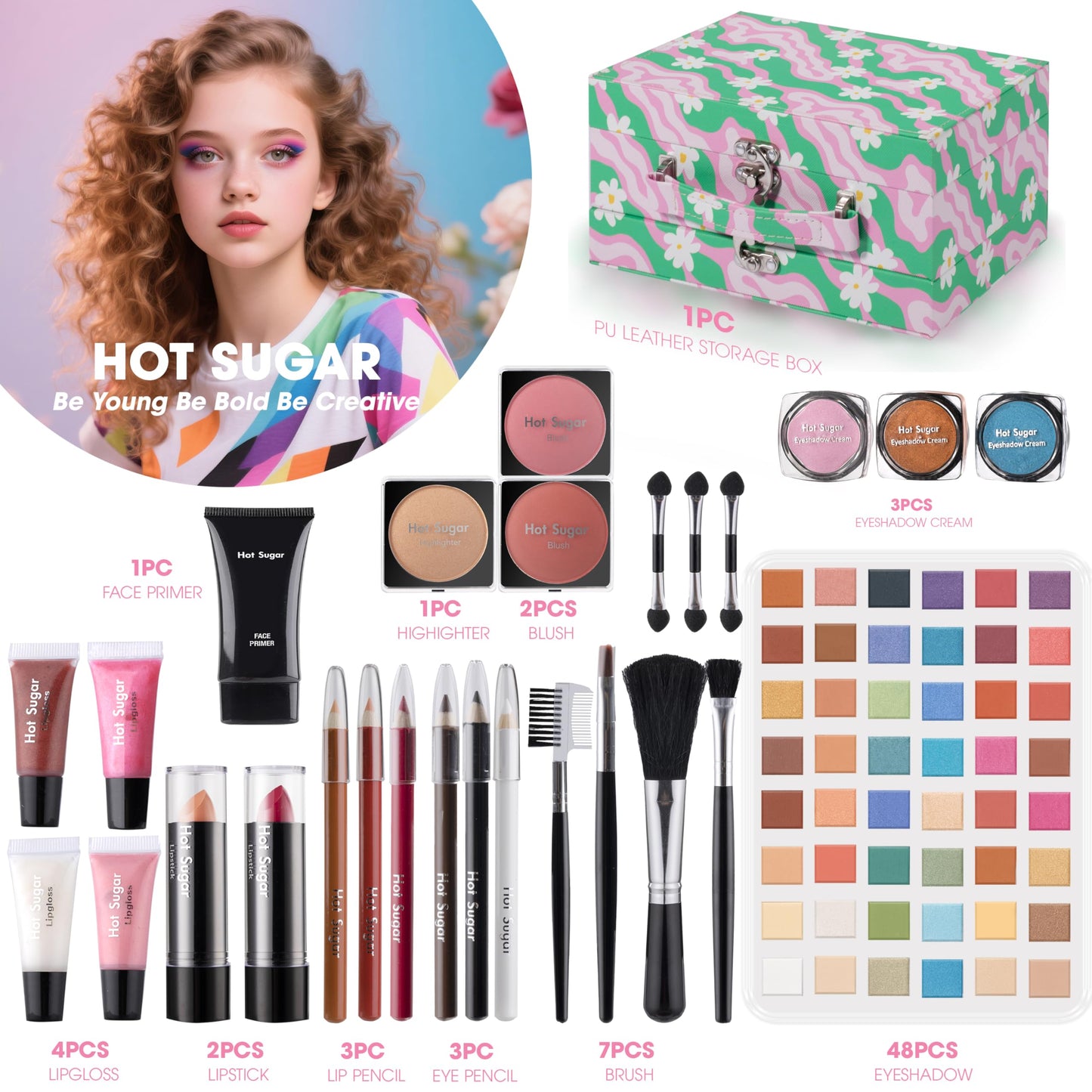 Hot Sugar Makeup Kit for Girls 13-15, Birthday Christmas Makeup Gift Set for Teens 16-18, All in One Beginner Makeup Kit for Women Full Kit (Floral Green)