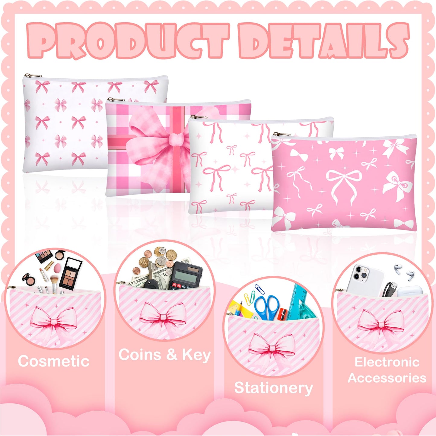 Bafeil 24 Pcs Pink Bow Makeup Bag Bulk Coquette Cosmetic Bags for Women Preppy Pouches with Zipper Travel Toiletry Bags Bow Themed Gifts Accessories for Birthday Wedding Party Favor Valentine's Day