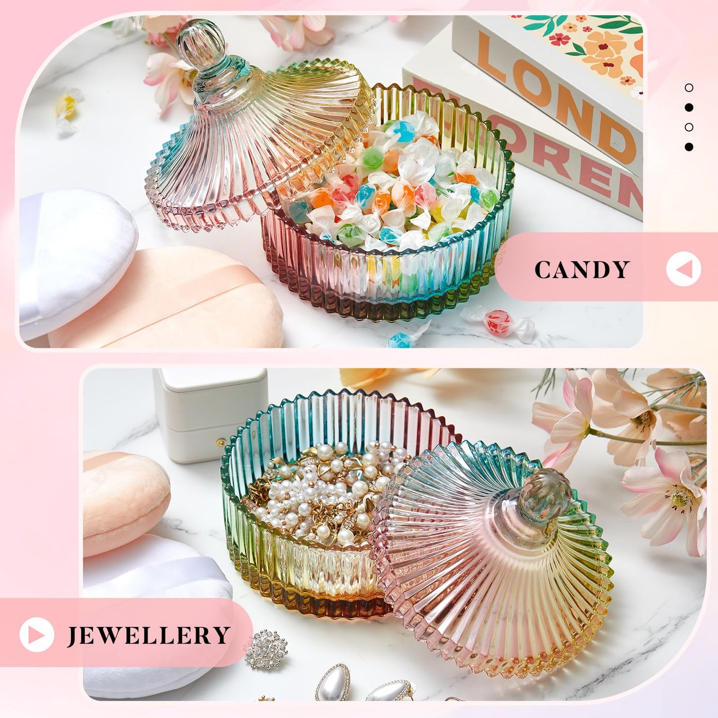 Tioncy 3 Pcs Extra Large Body Powder Puff and Container 5.43'' Glass Body Container with 5.12'' Powder Puff Glass Jar for Women's Talcum(Classic,Coloured Glaze)
