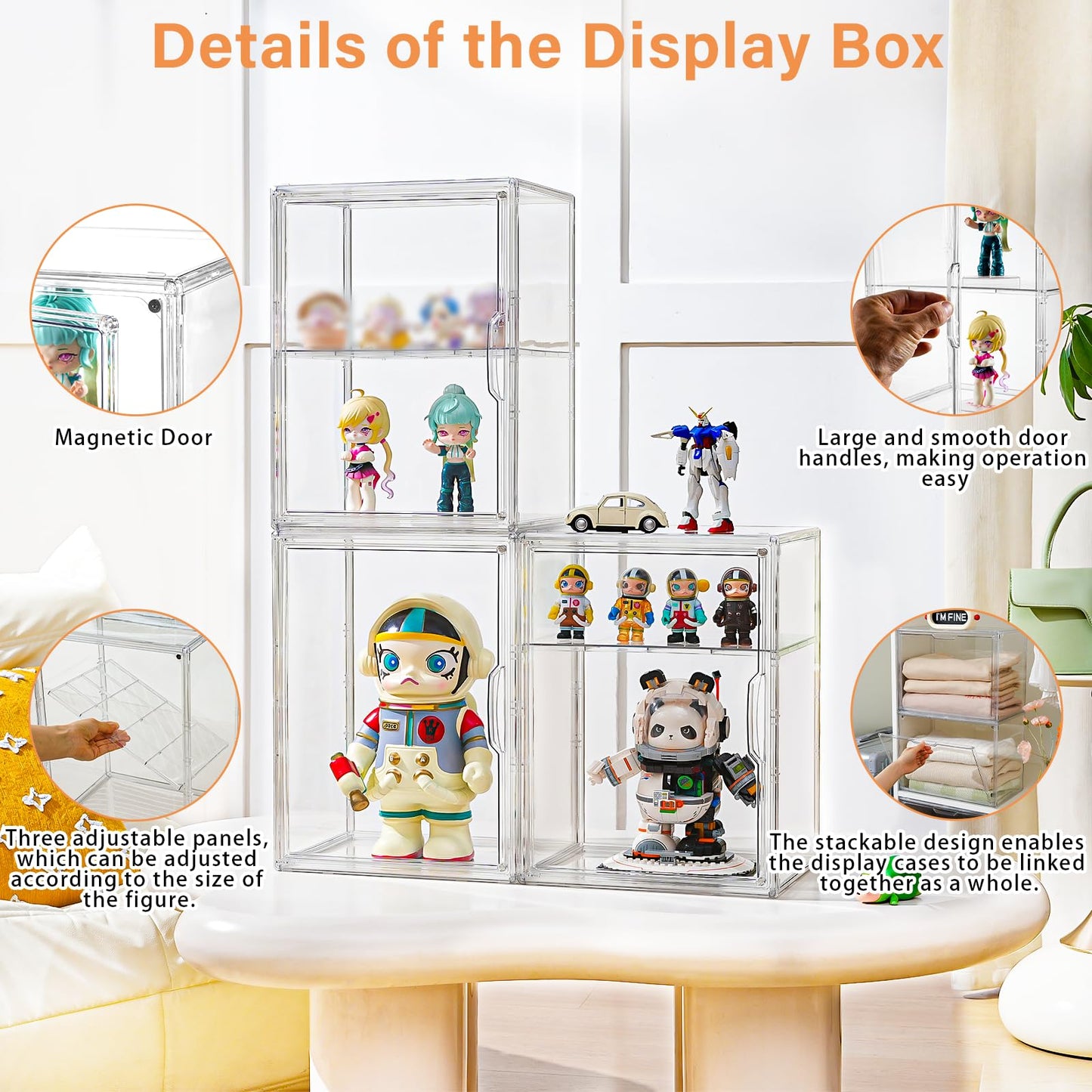 Amllas Acrylic Display Case for Collectibles, Clear Acrylic Display Box with 3 Adjustable Layers and Magnetic Door, Stackable Clear Storage Box/Bins for Figures,Lego, Book