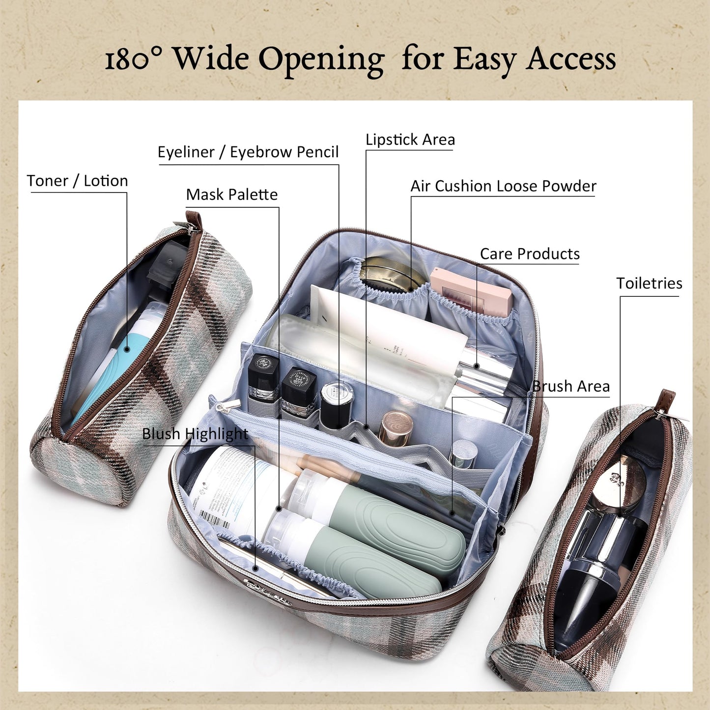BOYATU Travel Makeup Bag for Women: Scottish Plaid 3 Pcs Set Cosmetic Organizer Bag - 180° Open Large Spacious Holds 50% More Cosmetics - Waterproof Leather Checkered Toiletry Bag (03-Beige)