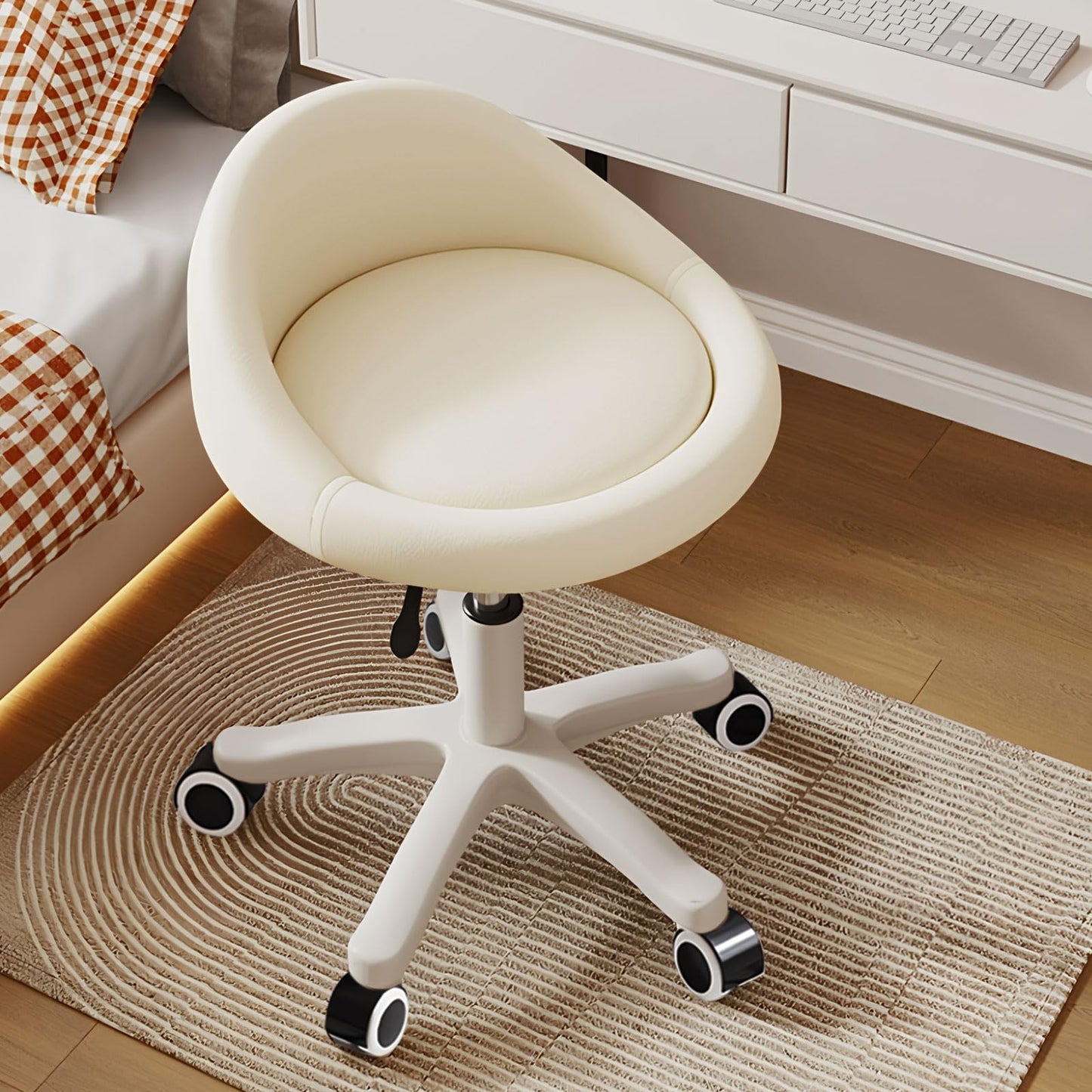 Timbertouch Rolling Stool – Ergonomic Swivel Seat, Adjustable Height, Ultra-Quiet Wheels, Padded PU Leather Cushion, for Salon, Office, Massage & Medical Use Beige
