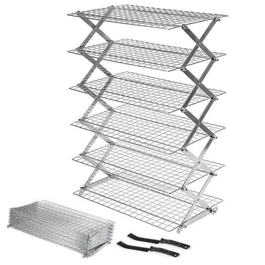 6 Tier Upgraded Collapsible Cooling Rack with Adjustable 3 Setting Design, Stackable Baking Rack with Clean Brush, Roasting Cooking Drying Wire Cooling Rack for Cookies Baking Roasting ＆ Grilling