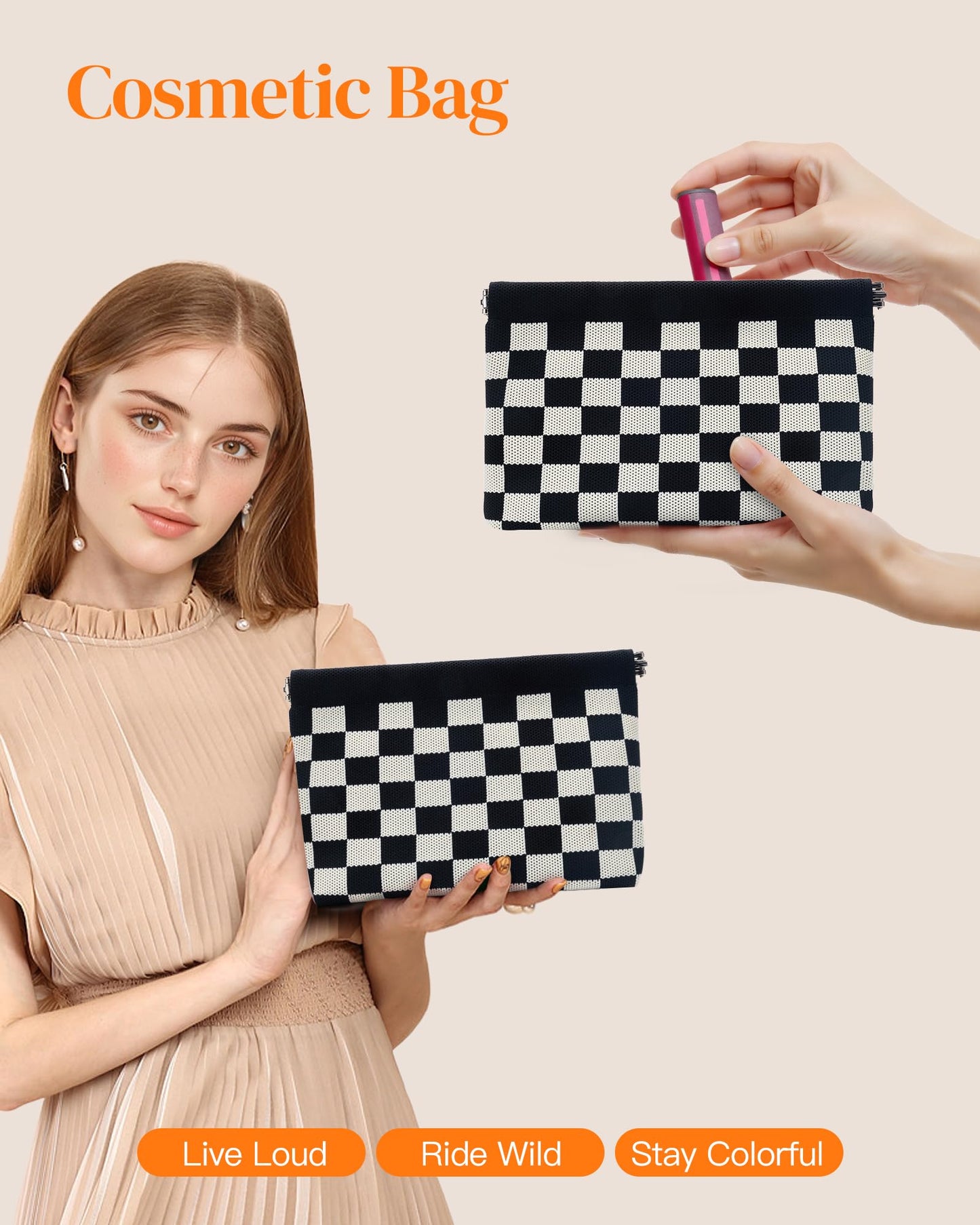 bohunono Small Makeup Bag for Purse,Cute Travel Makeup Pouch, Perfect Cosmetic & Toiletry Bag for Women, Lipstick Case & Brush Holder, Mini Vanity Organizer(LA_Black-Beige)