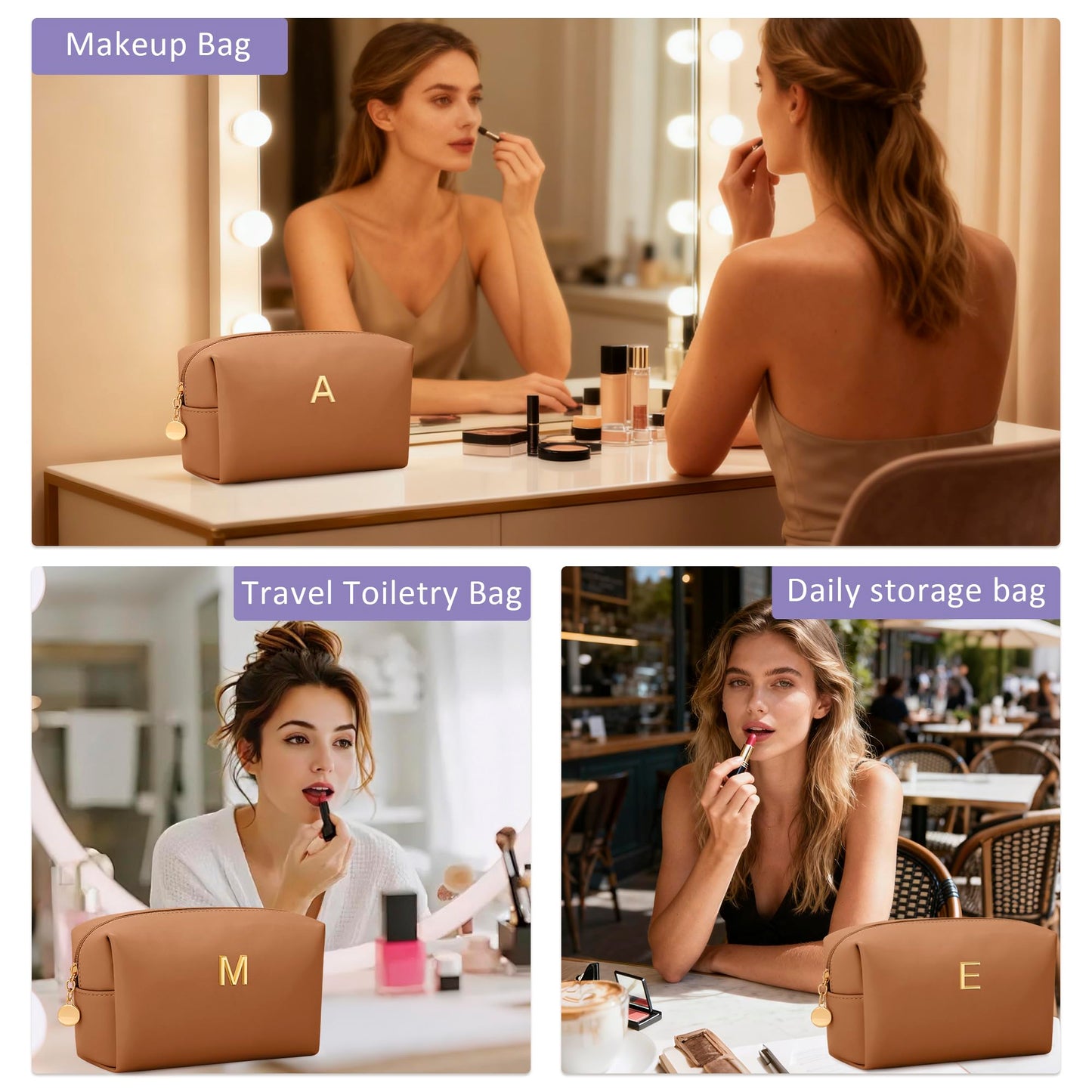 CLOUDWINGS Gifts for Women Bridesmaid Gifts Personalized Initial Makeup Bag PU Leather Cosmetic Waterproof Travel Toiletry Bag (Brown K)