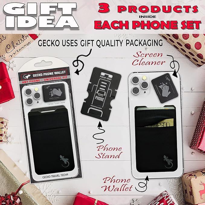 Gecko Travel Tech Mobile Phone Double Pocket Wallet Stick on with Stand - Cellphone Accessories case - Phone Card Holder with Stick on - (Black-Gray)