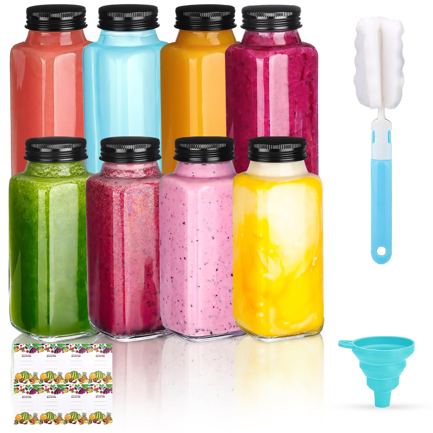 Glxgow 8 Pack 8 oz Glass Juice Bottles with Lids & Labels, Reusable Travel Juice Storage Containers, Clear Glass Drink Jars for Juicing, Water, Ginger, Wellness Shots - Leakproof, Dishwasher Safe