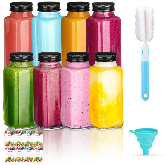 Glxgow 8 Pack 8 oz Glass Juice Bottles with Lids & Labels, Reusable Travel Juice Storage Containers, Clear Glass Drink Jars for Juicing, Water, Ginger, Wellness Shots - Leakproof, Dishwasher Safe