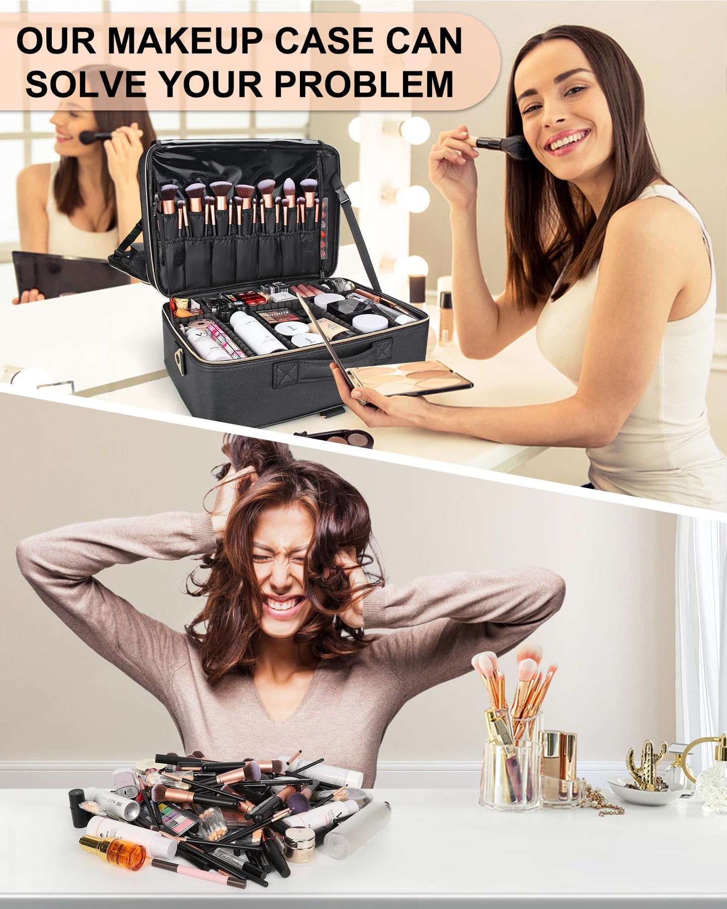 Relavel Makeup Bag, Extra Large Makeup Case, Cosmetic Storage Organizer Box Brush Holder with 4 Clear Set Bags and Adjustable Dividers and Shoulder Strap for Professional Make Up Artists