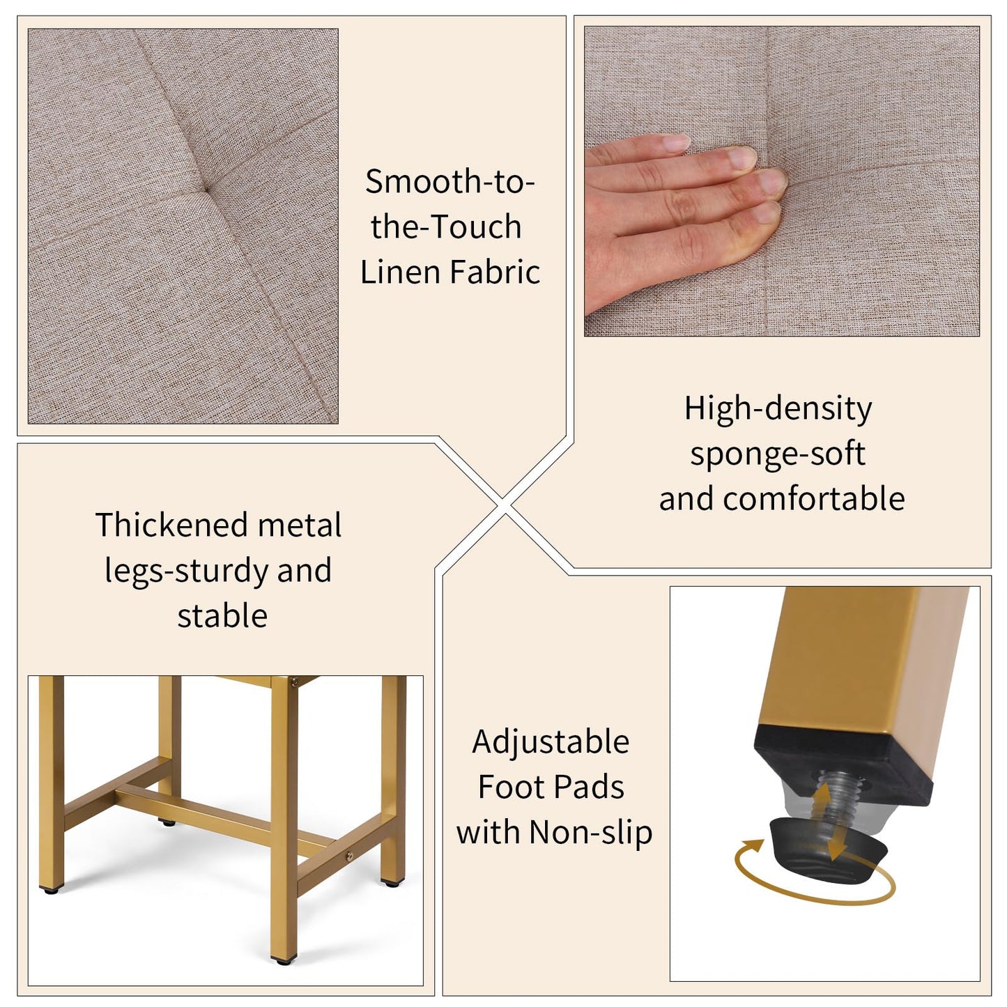 FLYZC Saddle Seat Vanity Stool, Makeup Stool Chair with Metal Leg, U-Shaped Ottoman Foot Rest, Small Square Chairs Under Desk for Vanity, Living Room, Modern Makeup Bench Linen Light Brown&Gold