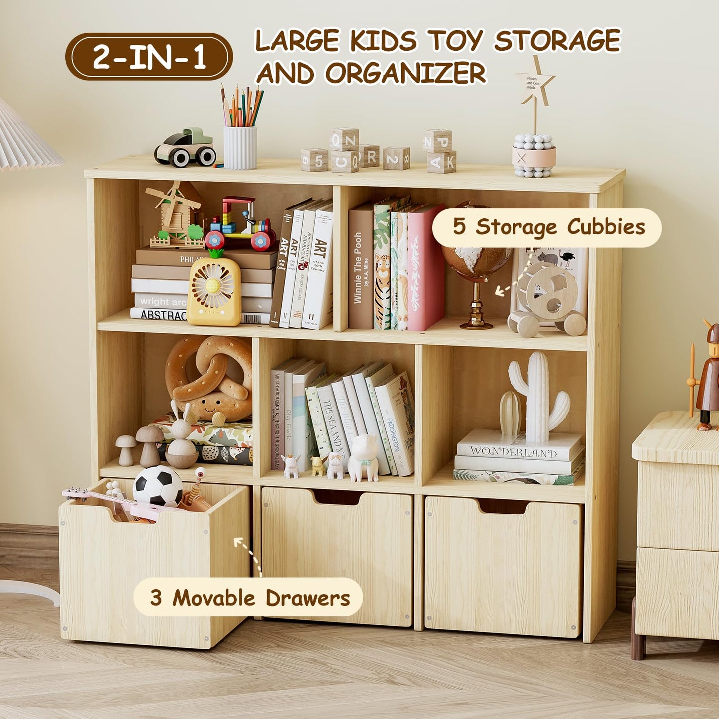 EXPERLAM Solid Pine Wood Toy Storage Organizer, Kids Bookshelf and Toy Organizer with 3 Rolling Drawers, 5 Storage Cubes, Montessori Playroom Storage Cabinet, Burlywood