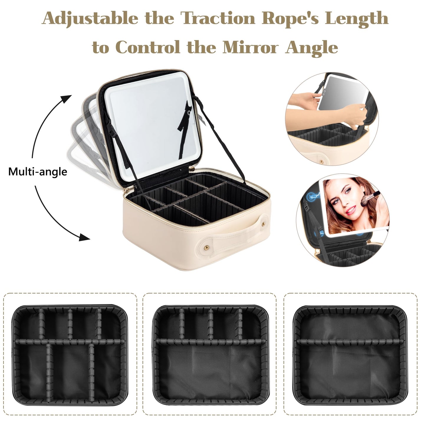 EXLIFBAG Makeup Bag with Led Mirror, Portable Travel Makeup Bag Organizer, Cosmetic Bag (Beige)