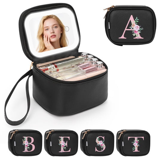 Relavel Mini Makeup Bag with LED Mirror, Portable Make Up Bag for Women with 3 Light Modes, Rechargeable Makeup Pouch for Girls, Personalized Birthday Gifts for Party Travel - Black A