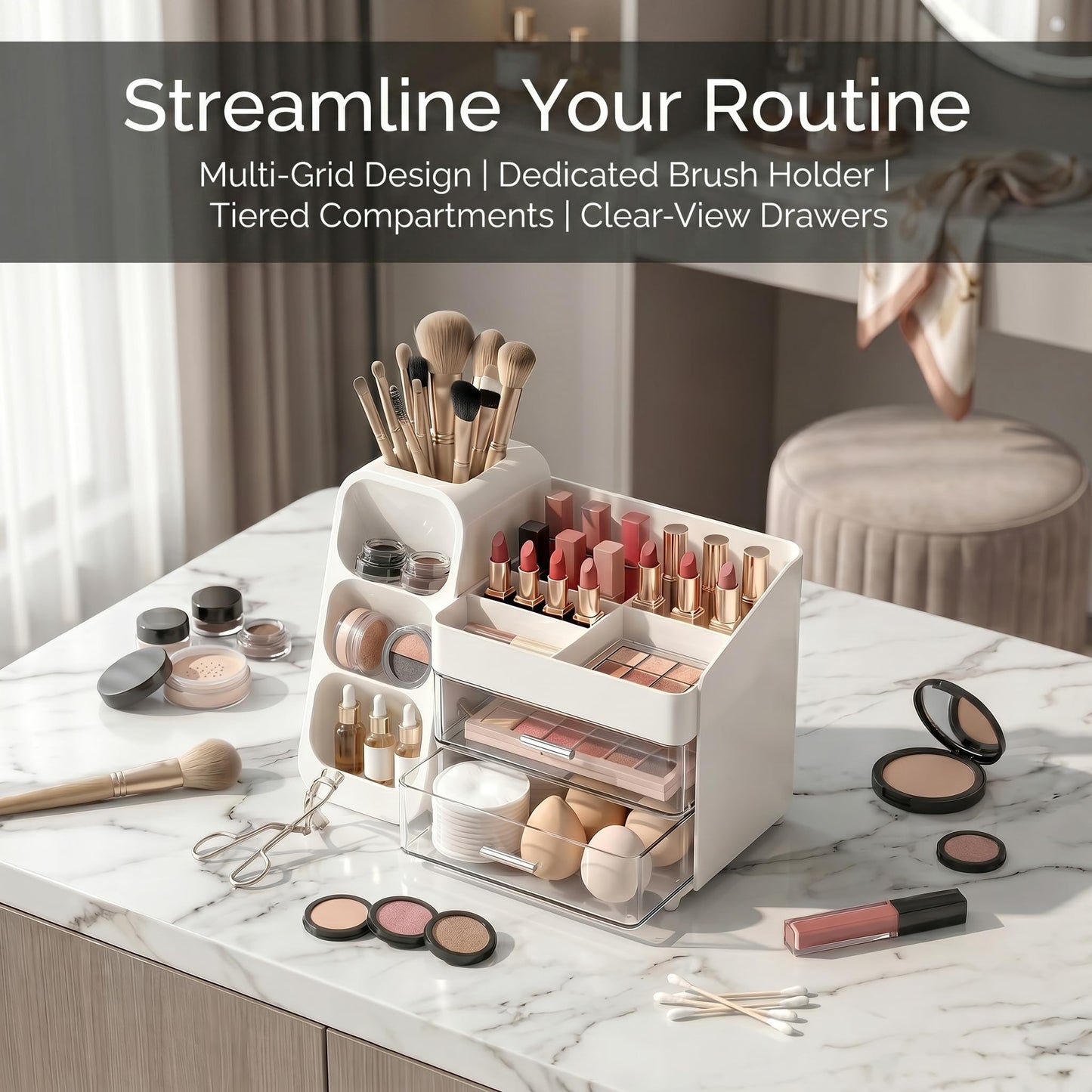 KQJS Makeup Organizer for Vanity - Large Skincare Organizers Countertop, Cosmetic Organizer with Brush Holder and 2 Drawer, Makeup Storage for Lipsticks, Nail Polishes, Eyeshadow Palettes, White