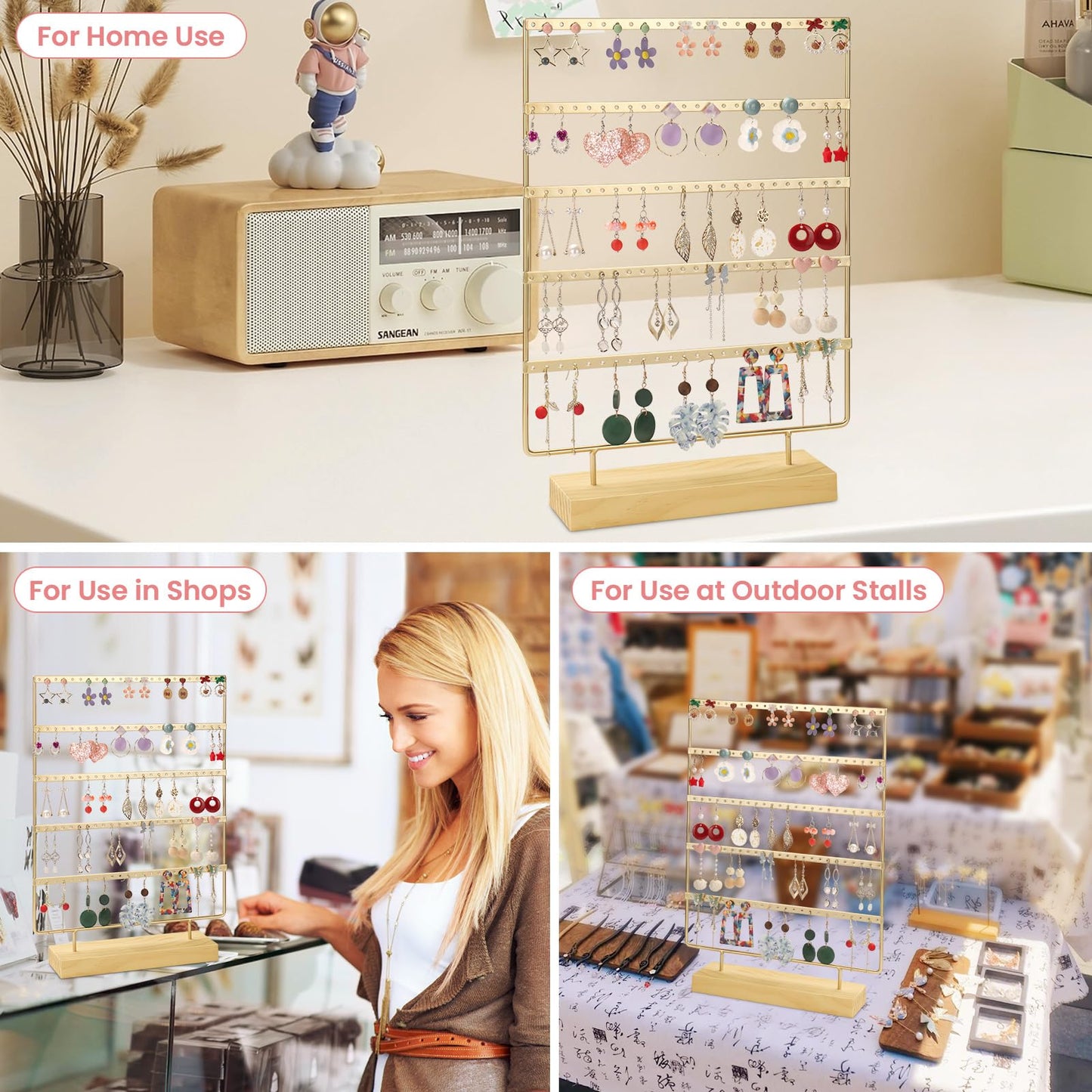 RUINENGDA Jewelry Organizer, 5 Tiers Earring Organizer with 120 Holes for Storing and Displaying Earrings of Various Styles, Models and Sizes, Removable Wooden Base for Home and Store Use