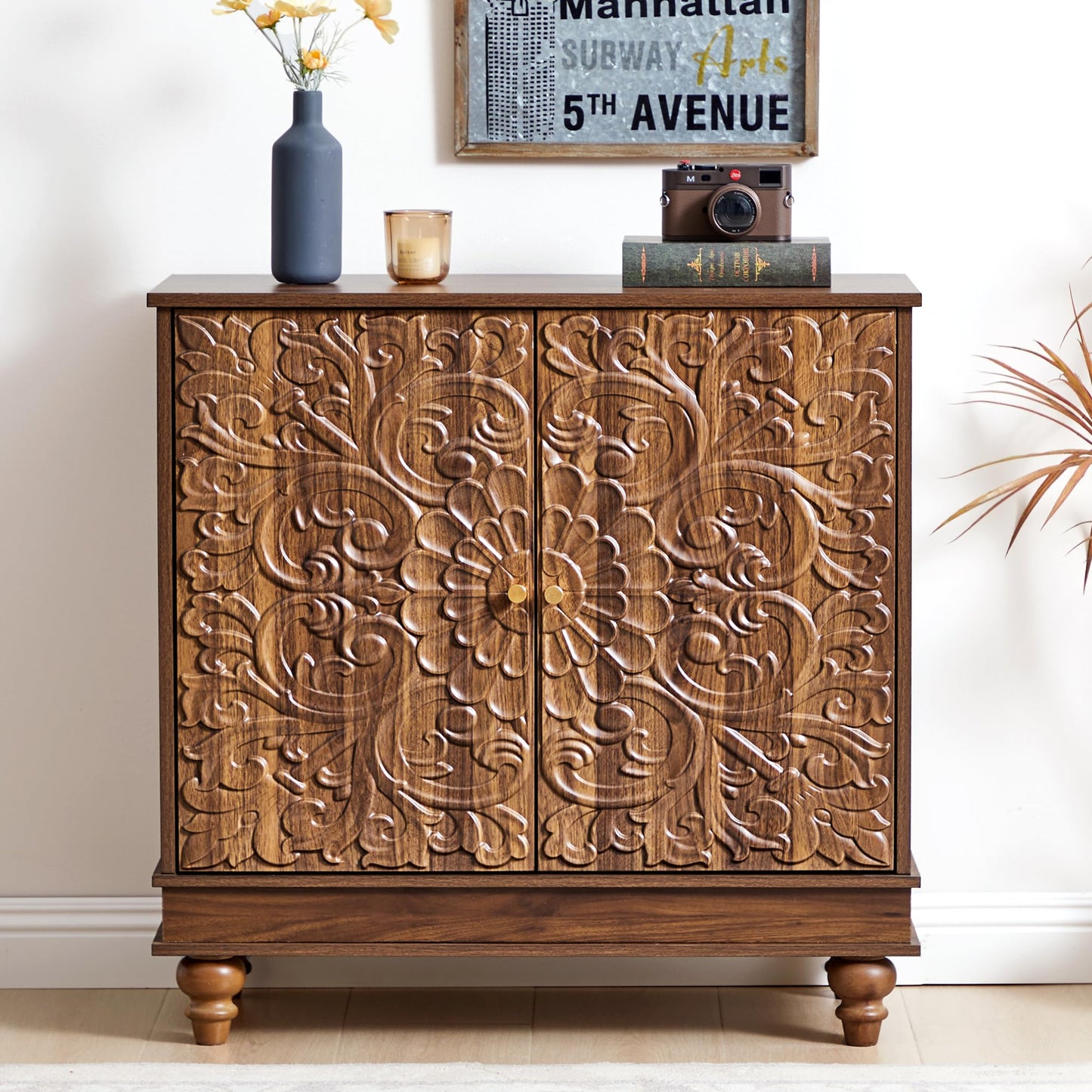 weselon Accent Cabinet Set of 2, Farmhouse Carved Storage Sideboard Buffet Cabinet with Adjustable Shelves, Entryway Storage Cabinet with 2 Doors (Walnut)