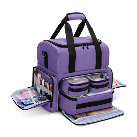 BAFASO 2 Layers Large Travel Makeup Bag with 3 Inner Removable Pouches, Cosmetic Bag with Detachable Dividers (Patented), Purple
