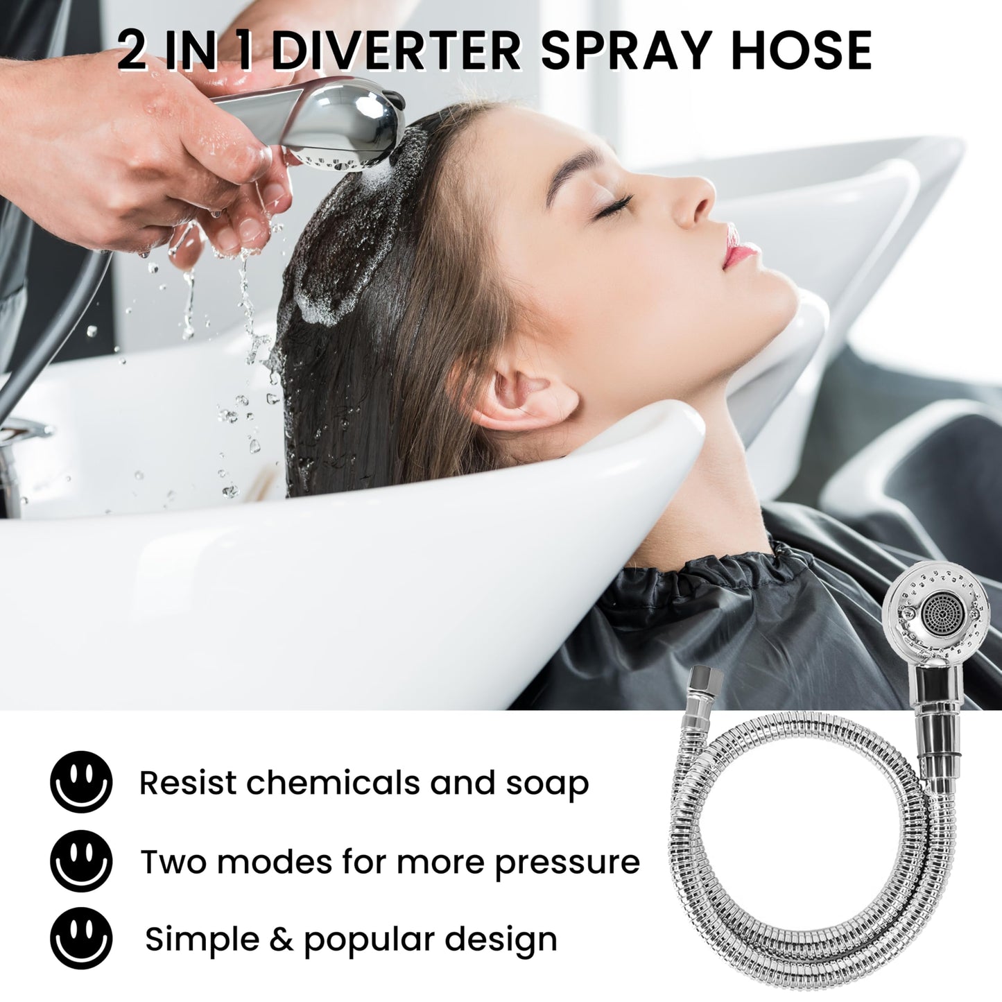 Professional Salon Shampoo Bowl Faucet for Home, Chrome Hose Replacement Set, Sprayer With Vacuum Breaker, Bath Accessories
