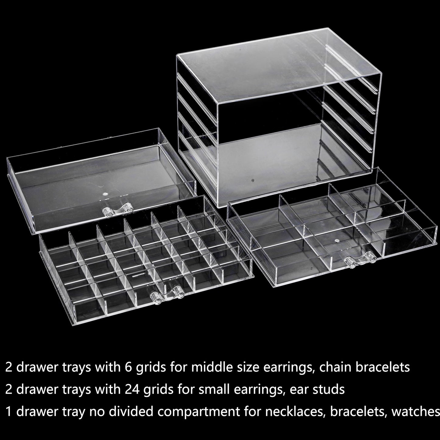 yarlung Acrylic Jewelry Storage Box Earring Holder with 5 Drawers, 61 Grids Jewelry Organizer Tray Clear Ring Display Case for Beads, Nail Tips, Women Girls Gift