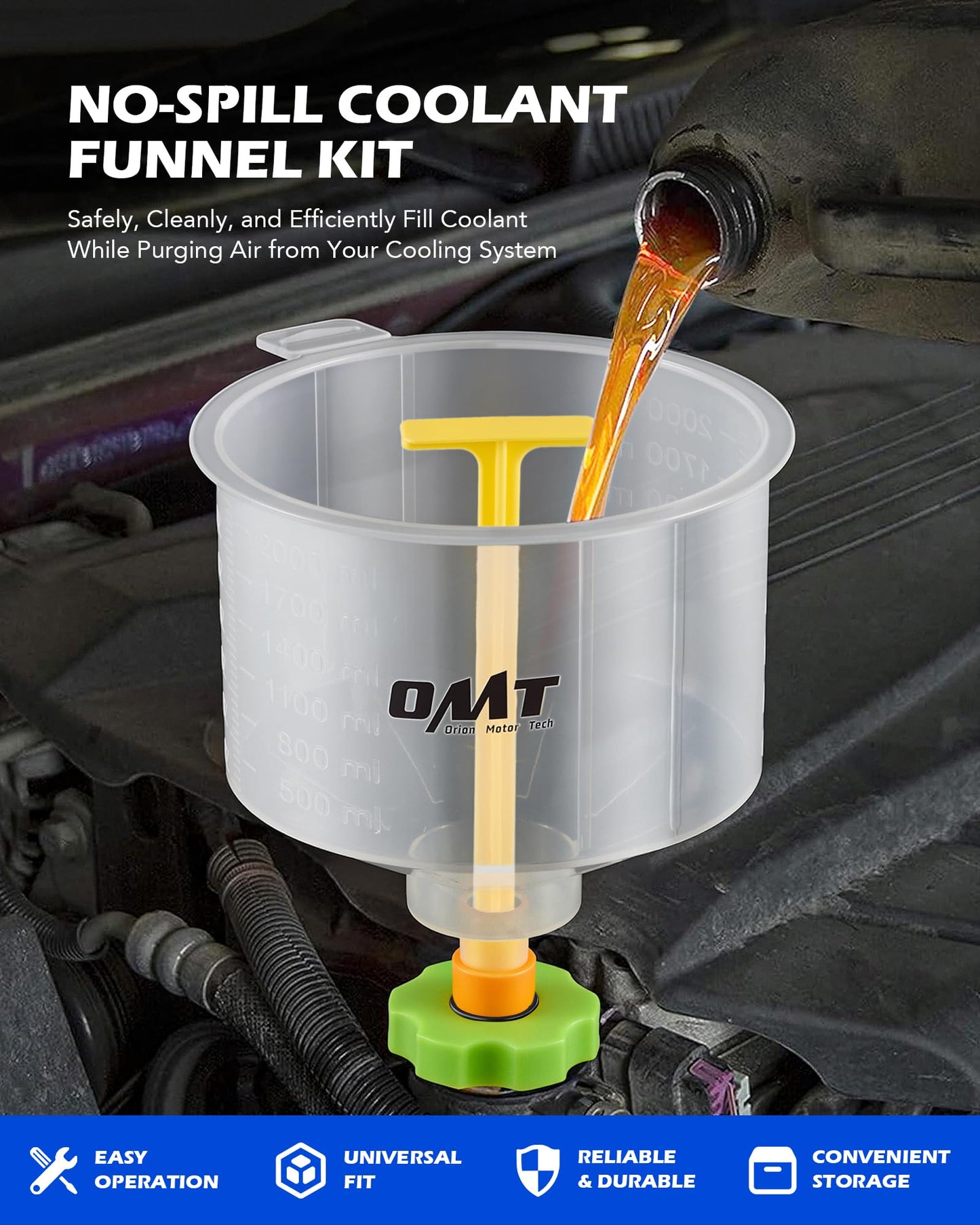 Orion Motor Tech No Spill Coolant Funnel Kit, 17 Piece Coolant Bleeder Kit with Adapters & Caps, Radiator Funnel Set for Easy Coolant Refilling, Compatible with GM Ford Universal Vehicles(No Liquid)