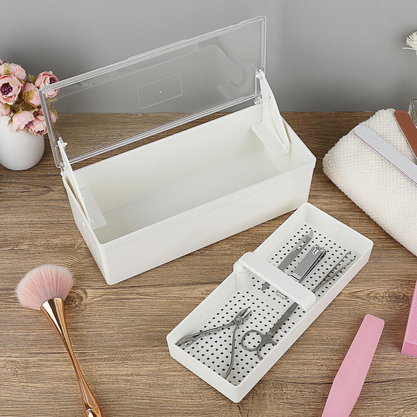 JUXYES Plastic Sterilizing Tray for Nail Art Accessories Tools, Portable Nail Art Tool Sterilizer Tray with Strainer, Storage Box Tool Box for Tweezer Manicure Tools Pedicure Tool