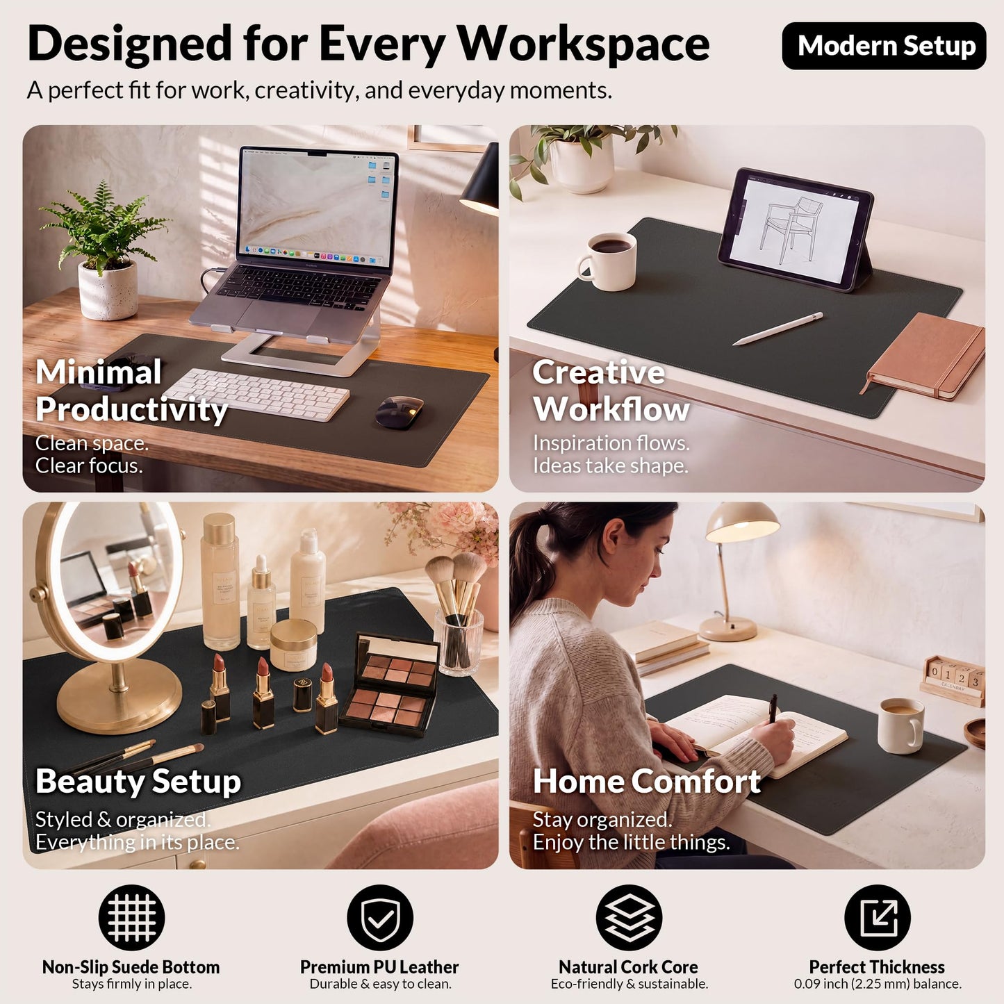 AFIING Desk Mat 35.4" x 17", Cork & PU Leather Desk Pad, Black