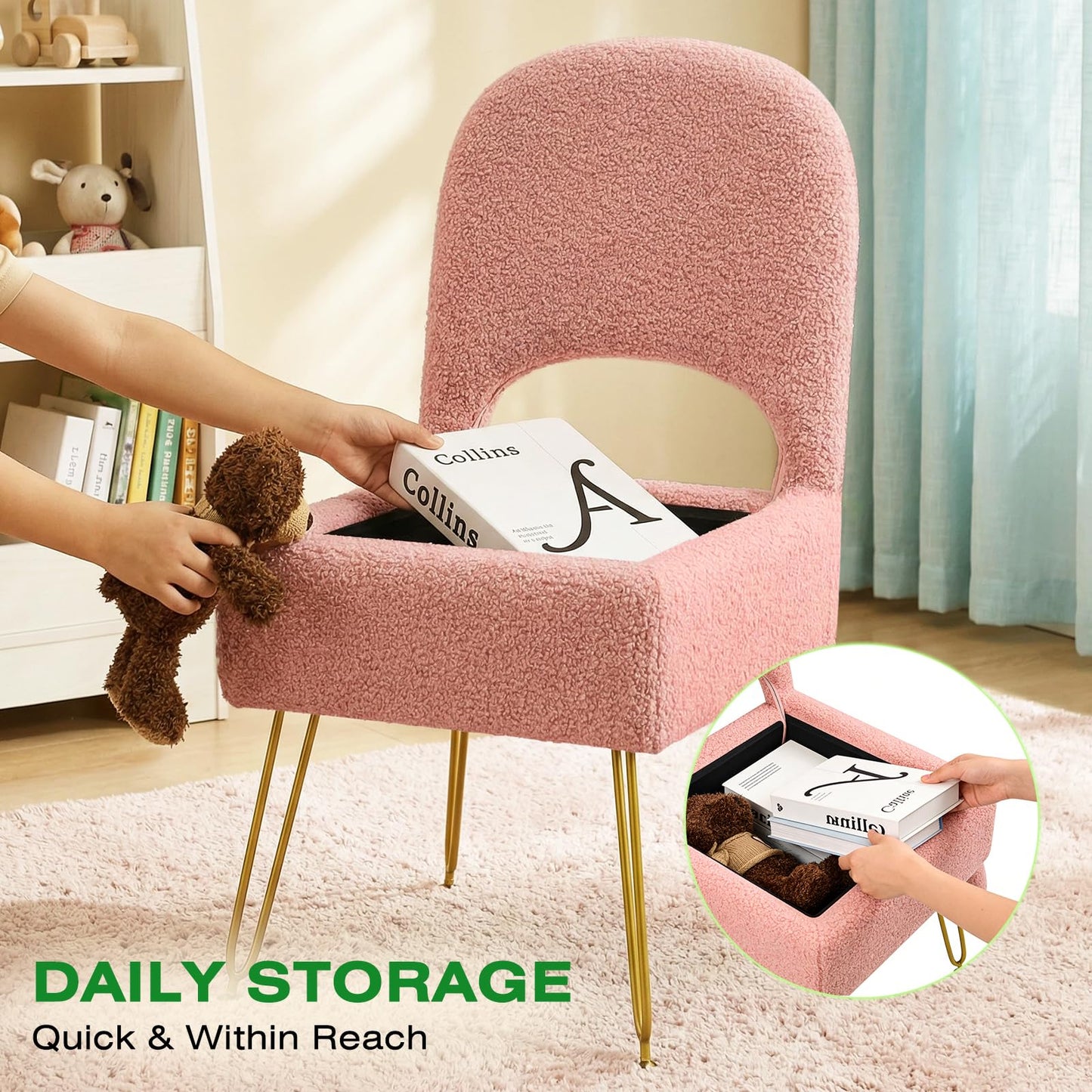 Furnistyle Vanity Chair with Storage & Folding Backrest, Cute Pink Faux Fur Vanity Stool, Comfy Padded Make Chair for Makeup Bedroom, Adjustable Back & Plush Cushion Seat,16.6" Wide 11L Storage Space