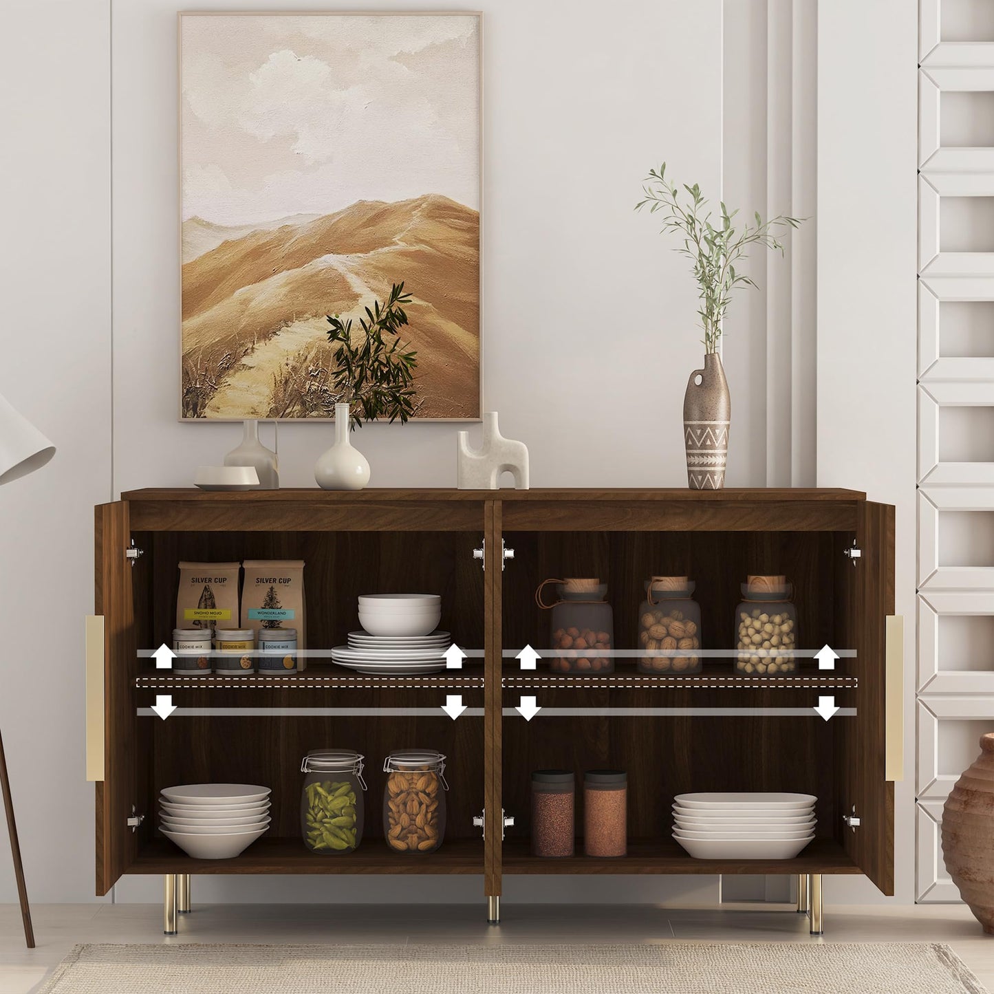 QJZLXKYT Sideboard Cabinet, 56" Large Buffet Cabinet with Storage, Wood Credenza Storage Cabinet with 4 Fluted Decorative Doors and Adjustable Shelves, for Living Room, Kitchen, Entryway, Walnut