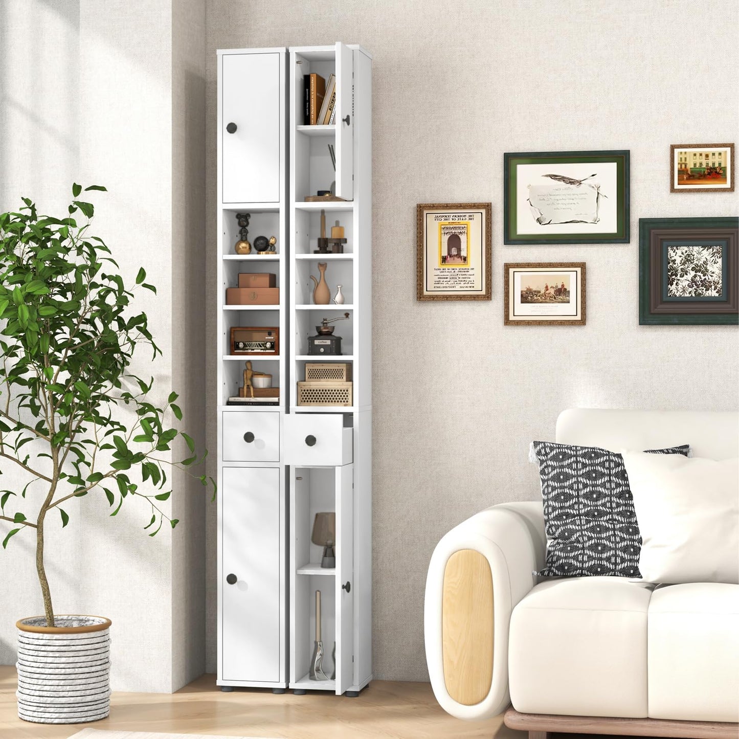 Giantex Slim Bathroom Storage Cabinet - 71” Tall Narrow Floor Cabinet Cupboard with 2 Doors, 5 Adjustable Shelves, 1 Drawer, Anti-Tipping Device, Thin Linen Tower Cabinet for Living Room (1, White)