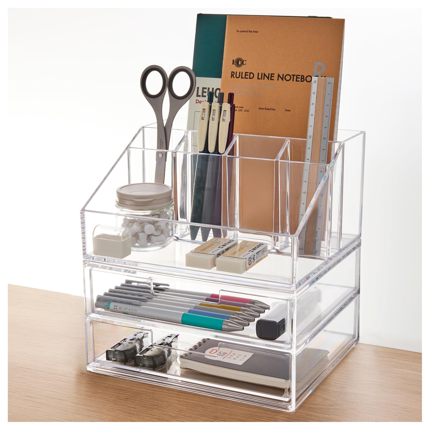 STORi Stackable Desk and Drawer Organizer, Clear Pen Pencil Makeup Brush Holder for Desktops and Vanities, 6 Compartment Caddy with 2 Wide Drawers (Made in USA)