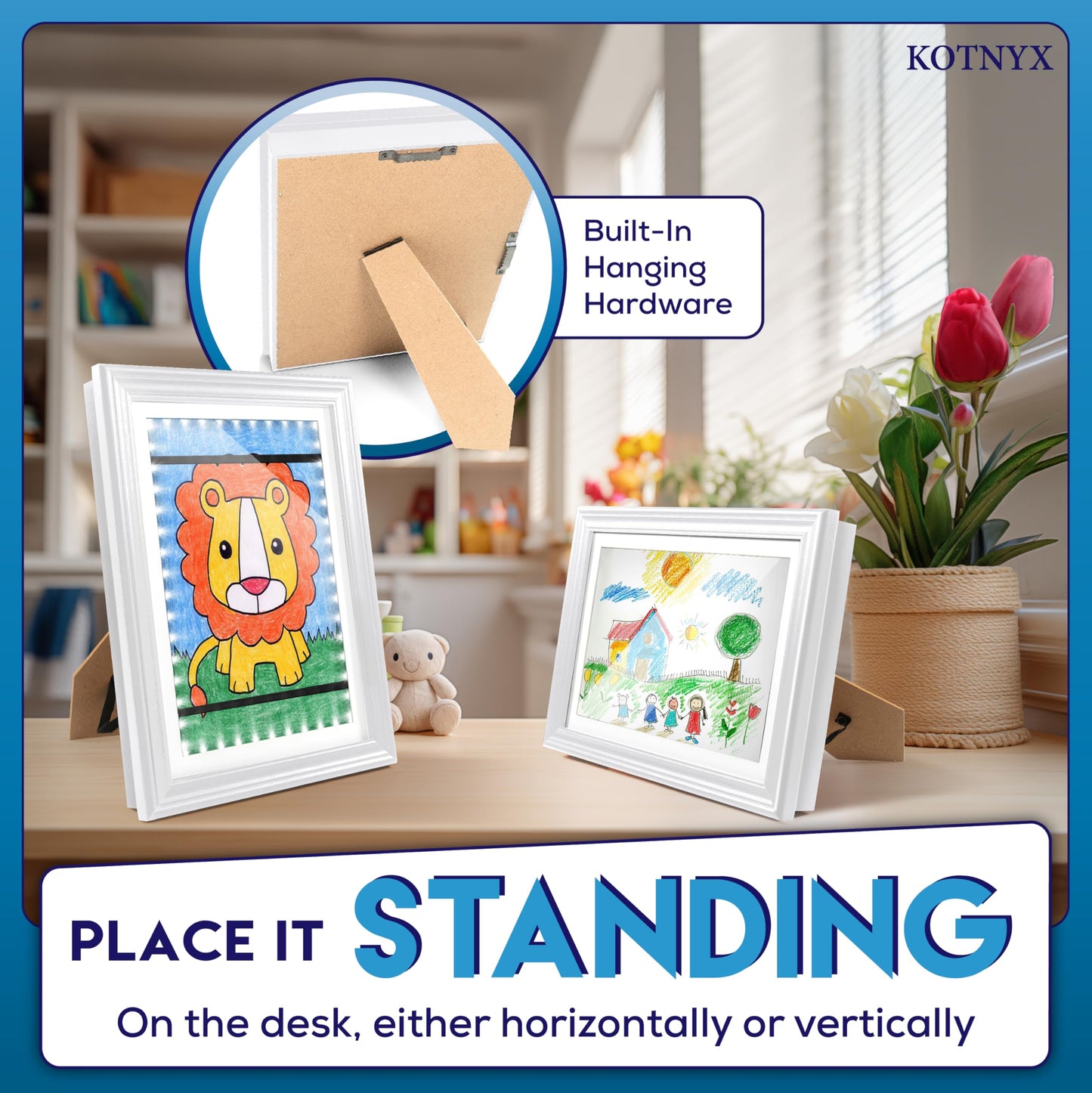 KOTNYX 2 Pack LED Light Kids Artwork Frame - Front Opening Kids Art Display Picture Frame, Holds 100 Pictures, MDF & Shatter-Resistant Glass, Standing Frame/Wall Hanging,13.3x10, Mat 11.6x8.3 (white)