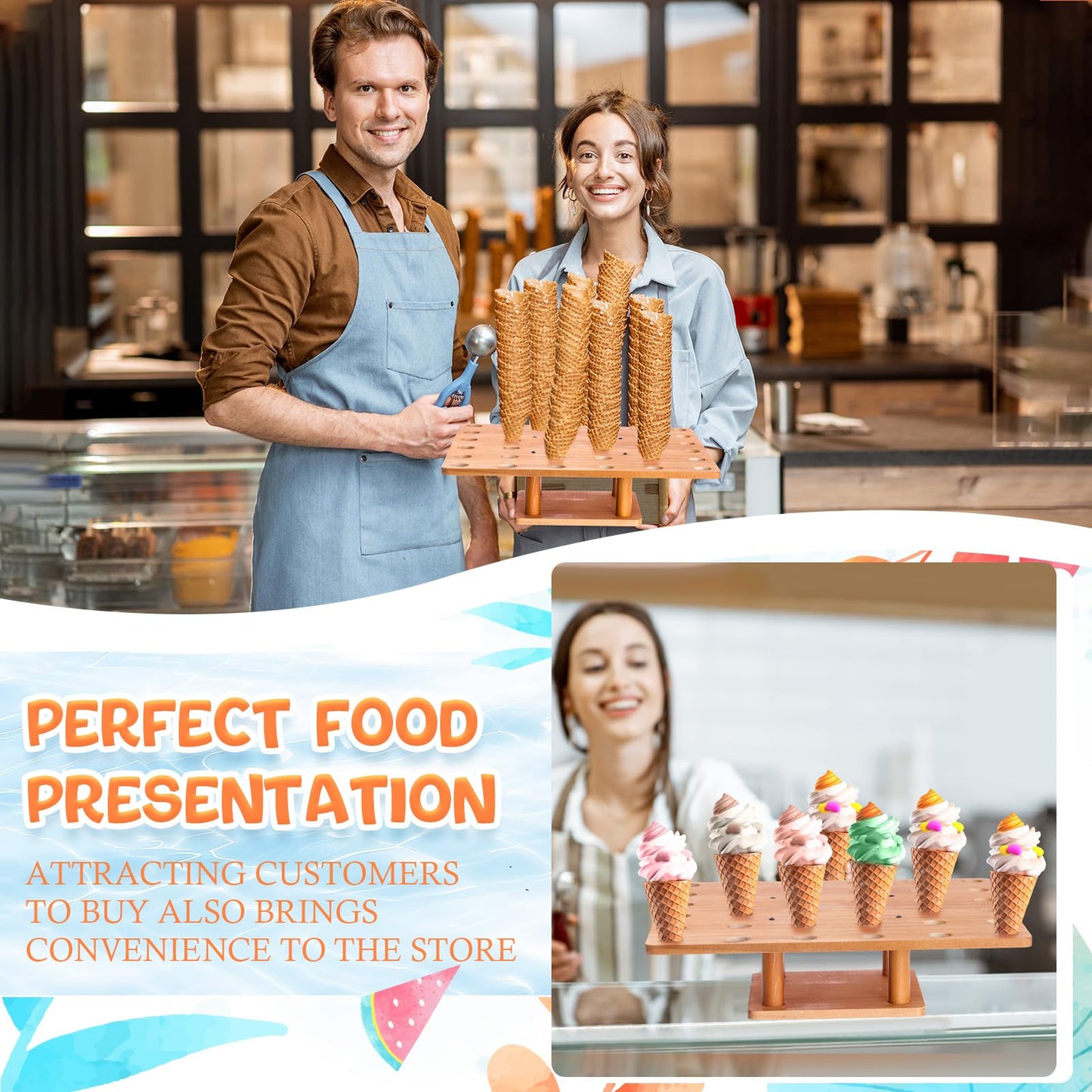 FoldTier 1 Pcs 36 Holes Ice Cream Cone Holder Stand 13" Wooden Charcuterie Cones Sushi Hand Roll Display Stand for Buffet, Food Trucks, Catered Events or Party Supply(Square)