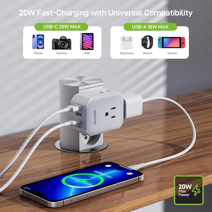 EPICKA Hybrid European Travel Plug Adapter, Foldable & Detachable Type C (EU) VisaPlug, 8-IN-1 International Power Adapter with 4 USB Ports (2 USB-C PD 20W) - Travel Essentials for US to Europe, White