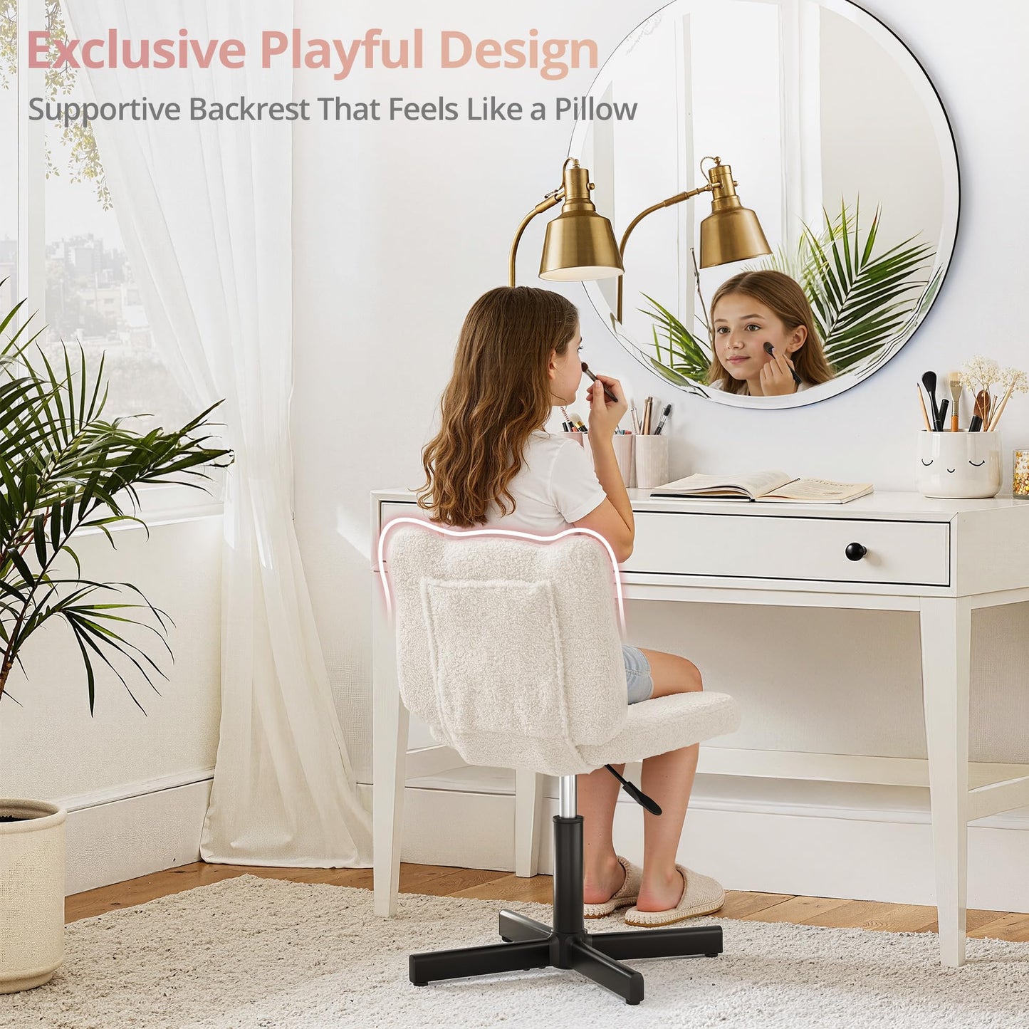 LUE BONA Adjustable Vanity Stool Chair with Girly Bear Ear Wide Back, 360° Swivel Vanity Stool for Makeup Room, Upholstered Teddy Velvet Ottoman for Teen Girls, 350lbs, Beige
