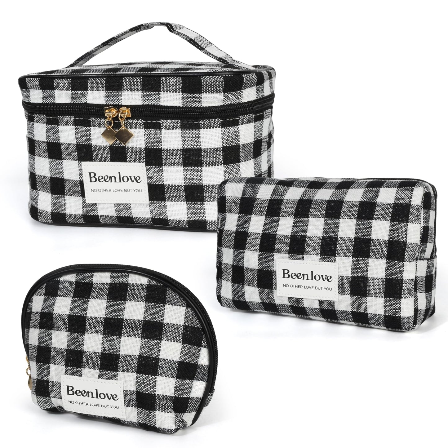FAELBATY Makeup Bags for Women, 3 PCS Large Travel Makeup Bag Set, Checkered Fabric Cosmetic Bag for Toiletry (Black)