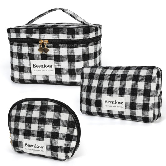 FAELBATY Makeup Bags for Women, 3 PCS Large Travel Makeup Bag Set, Checkered Fabric Cosmetic Bag for Toiletry (Black)