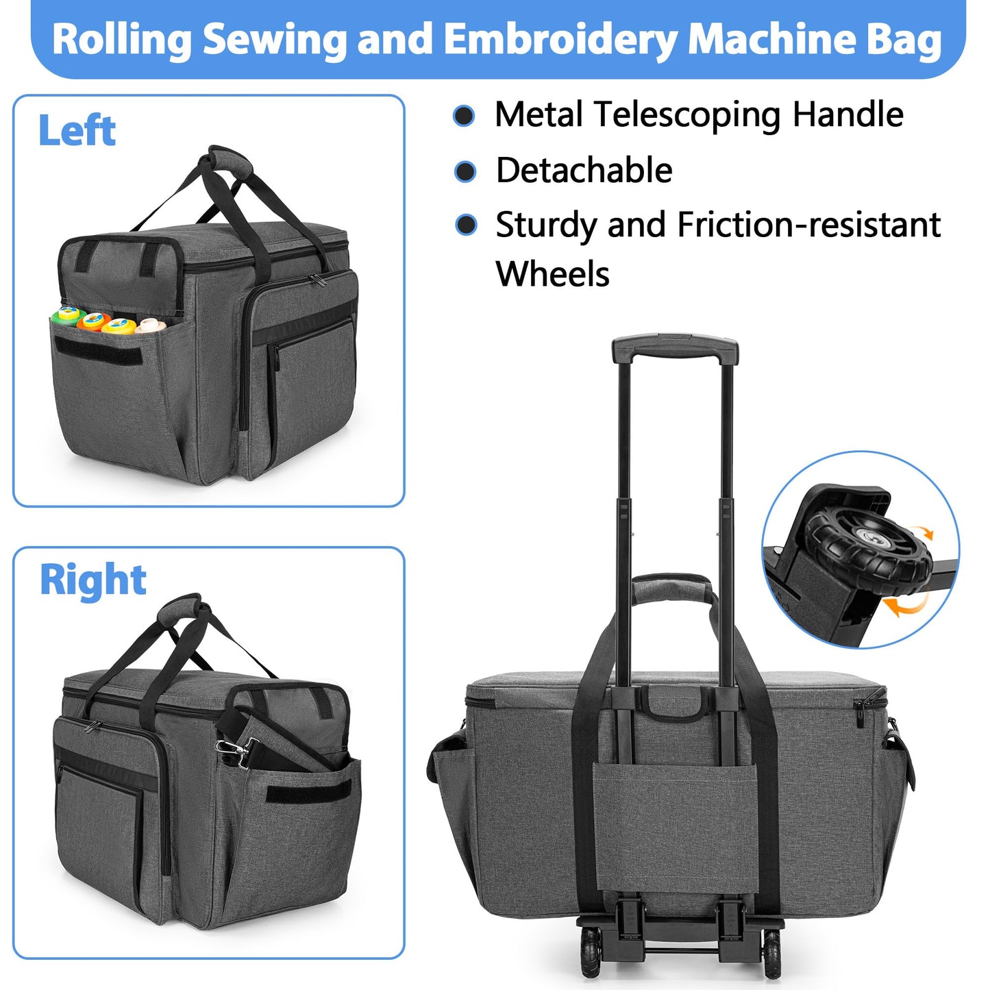 CURMIO Sewing and Embroidery Machine Carrying Case with Wheels, Rolling Embroidery Machine Tote Bag with Bottom Support Board Compatible with Brother SE600, PE535 Embroidery Machine, Gray