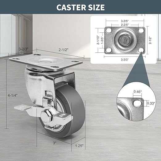 3 Inch Caster Wheels - Set of 4 Heavy Duty Rubber Castors With Brake 1200Lbs, Silent Industrial Plate Casters for Cart Furniture Workbench (4 Brake#02)
